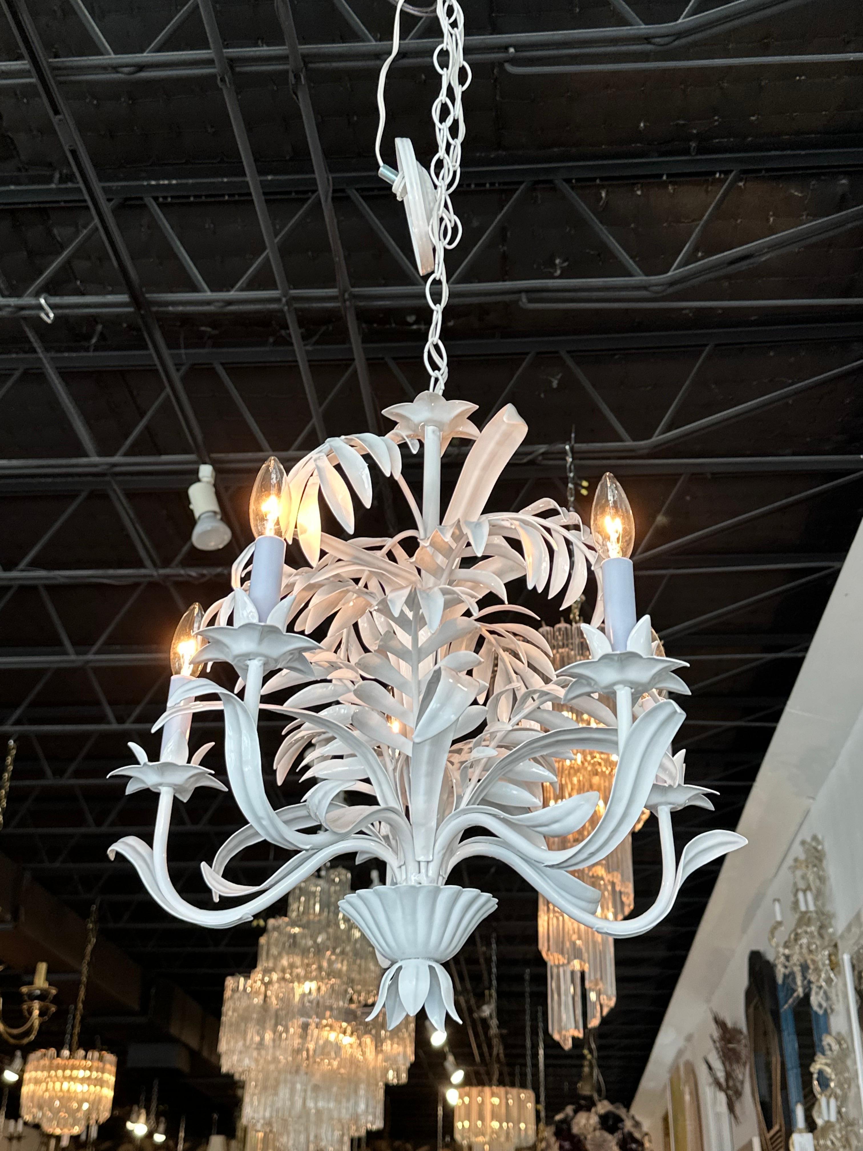 Hollywood Regency Vintage Metal Tole Palm Tree Beach Leaf Leaves Chandelier Newly Wired Restored  For Sale