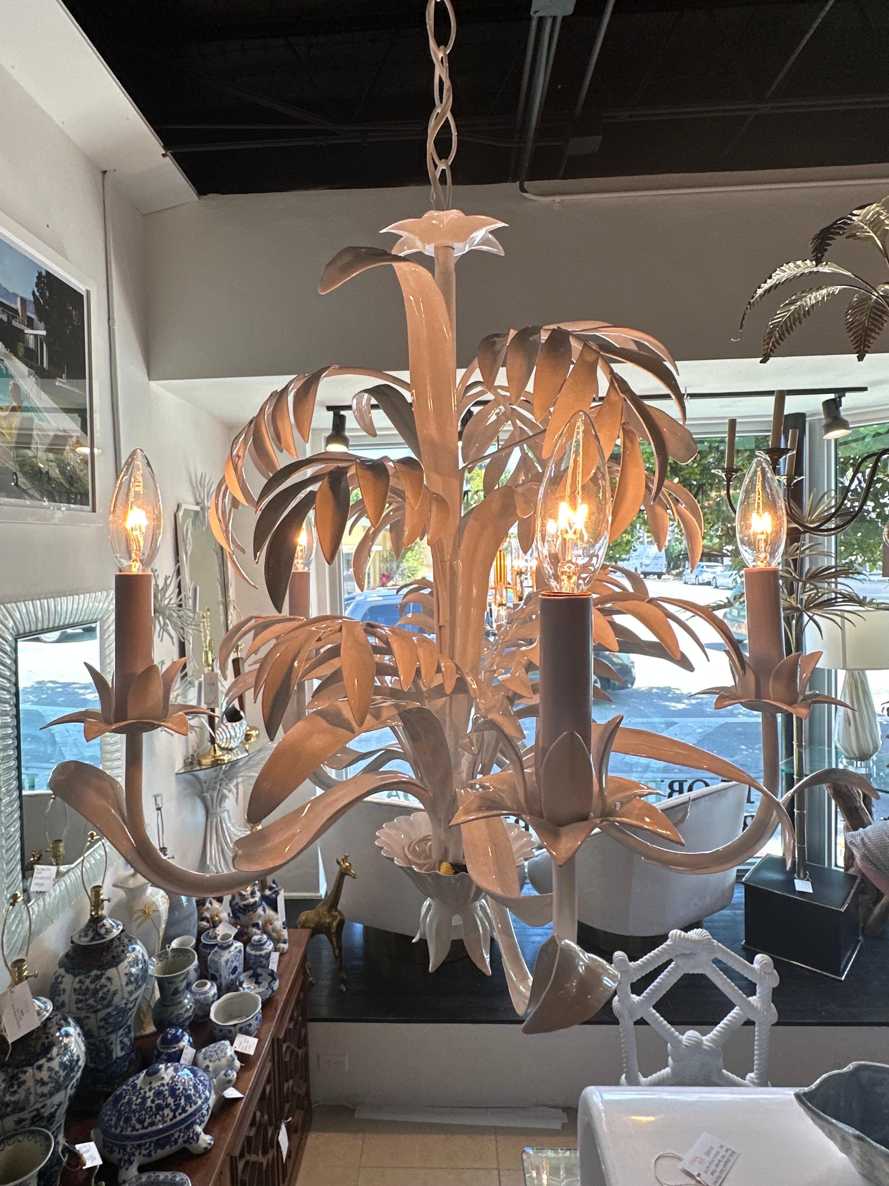 American Vintage Metal Tole Palm Tree Beach Leaf Leaves Chandelier Newly Wired Restored  For Sale