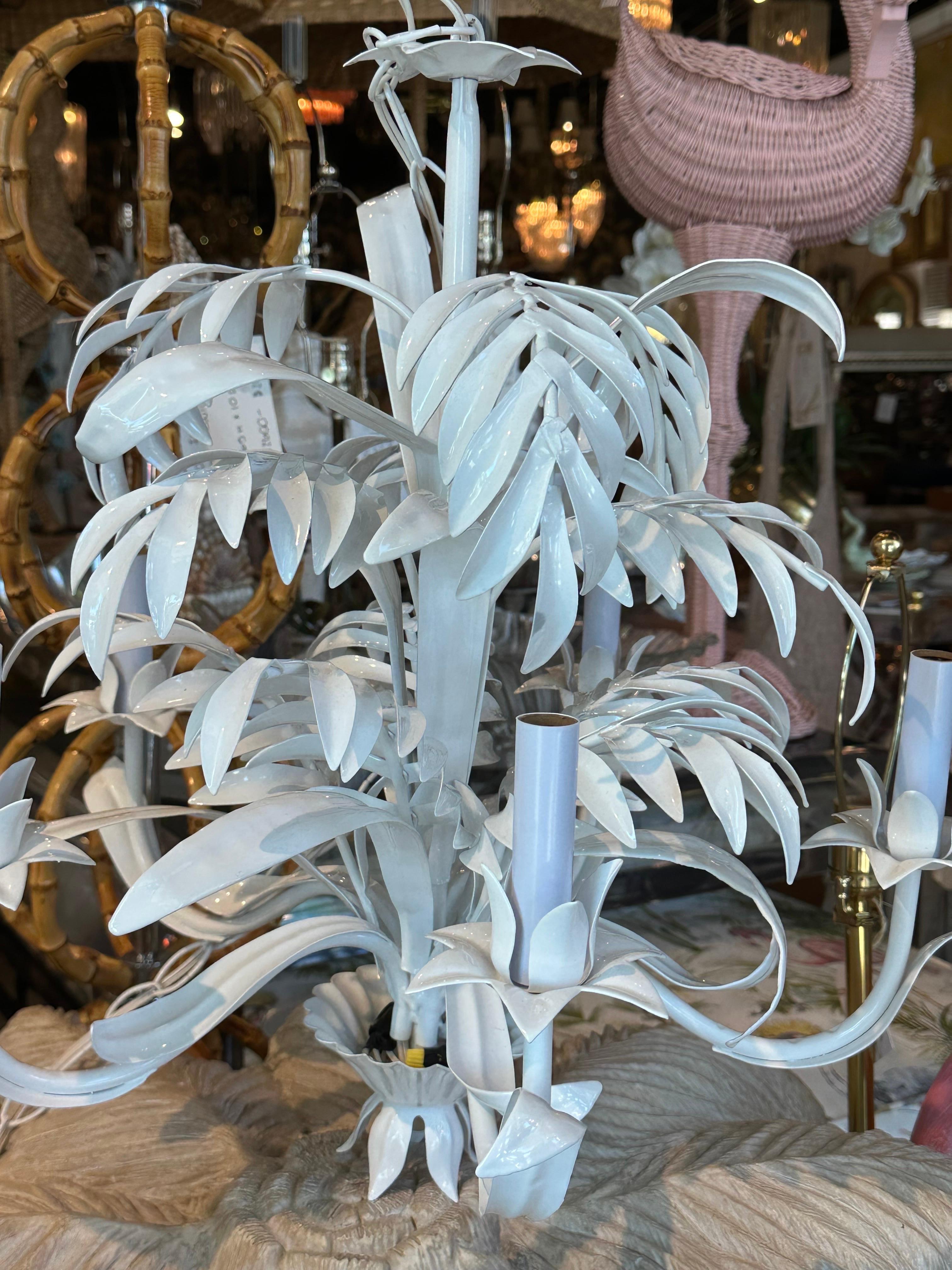 Late 20th Century Vintage Metal Tole Palm Tree Beach Leaf Leaves Chandelier Newly Wired Restored  For Sale
