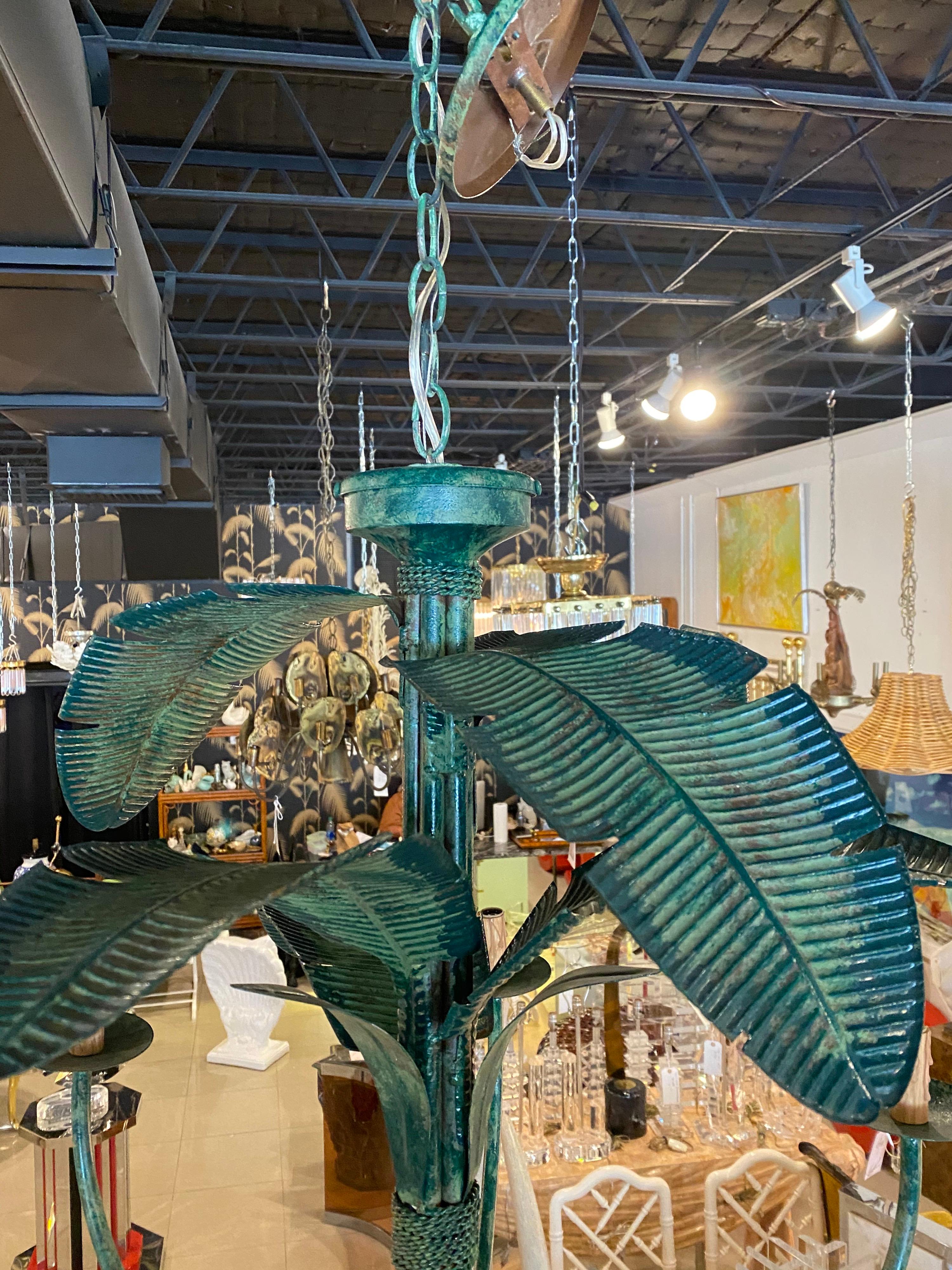 Vintage Metal Tole Palm Tree Leaf Leaves Chandelier 6 Light Tropical Beach 3