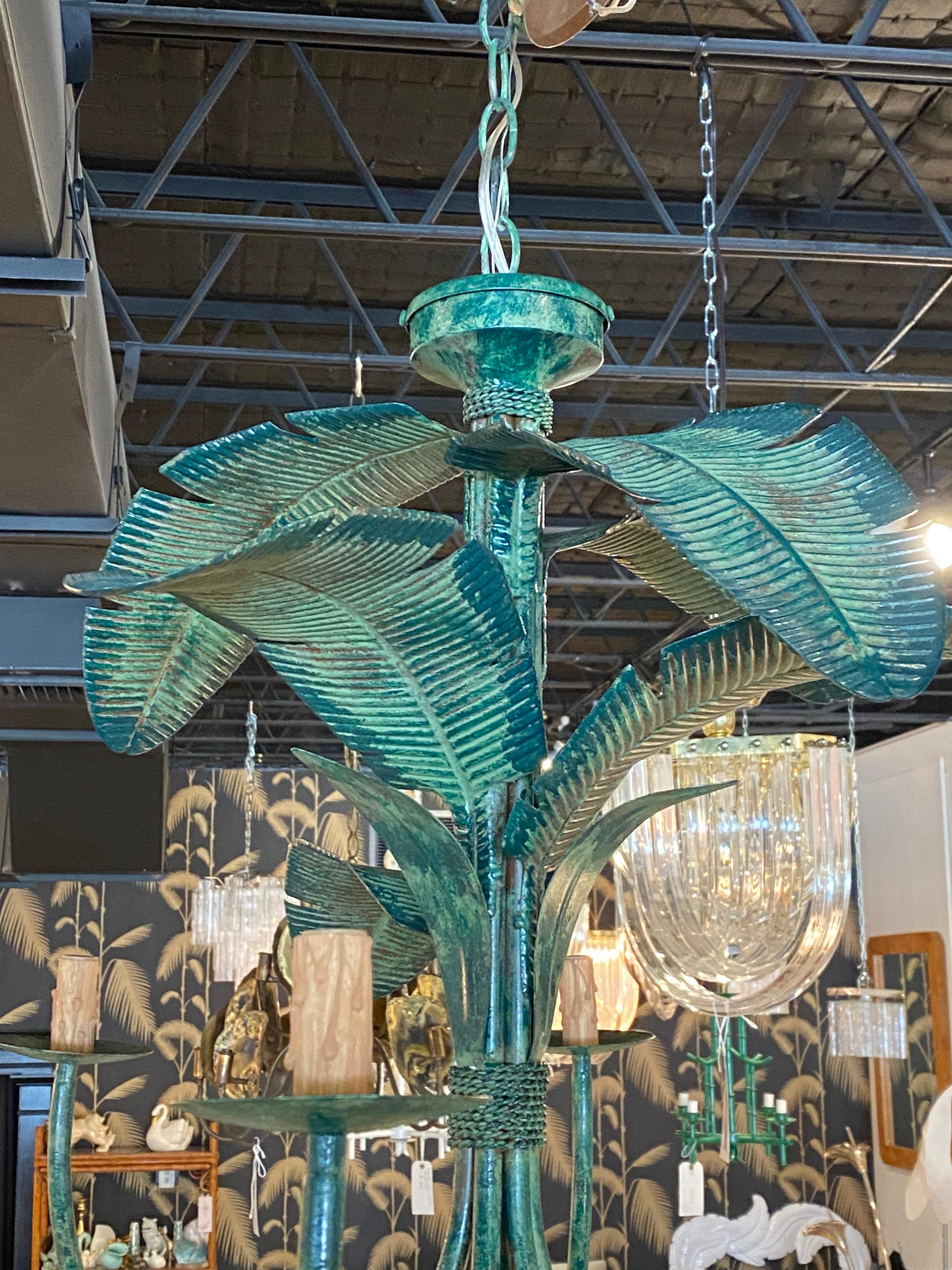 Vintage Metal Tole Palm Tree Leaf Leaves Chandelier 6 Light Tropical Beach 5