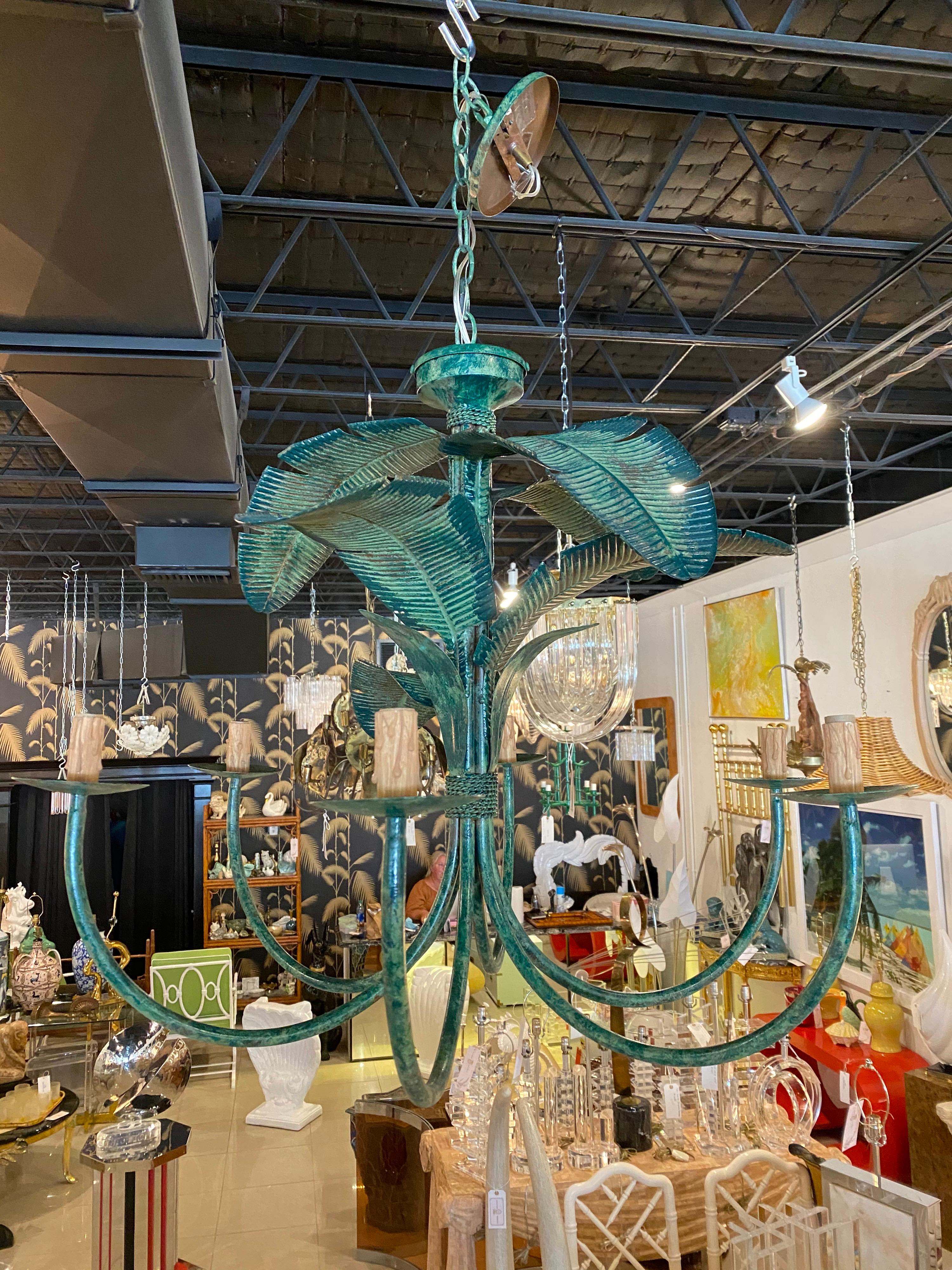 Vintage Metal Tole Palm Tree Leaf Leaves Chandelier 6 Light Tropical Beach 6
