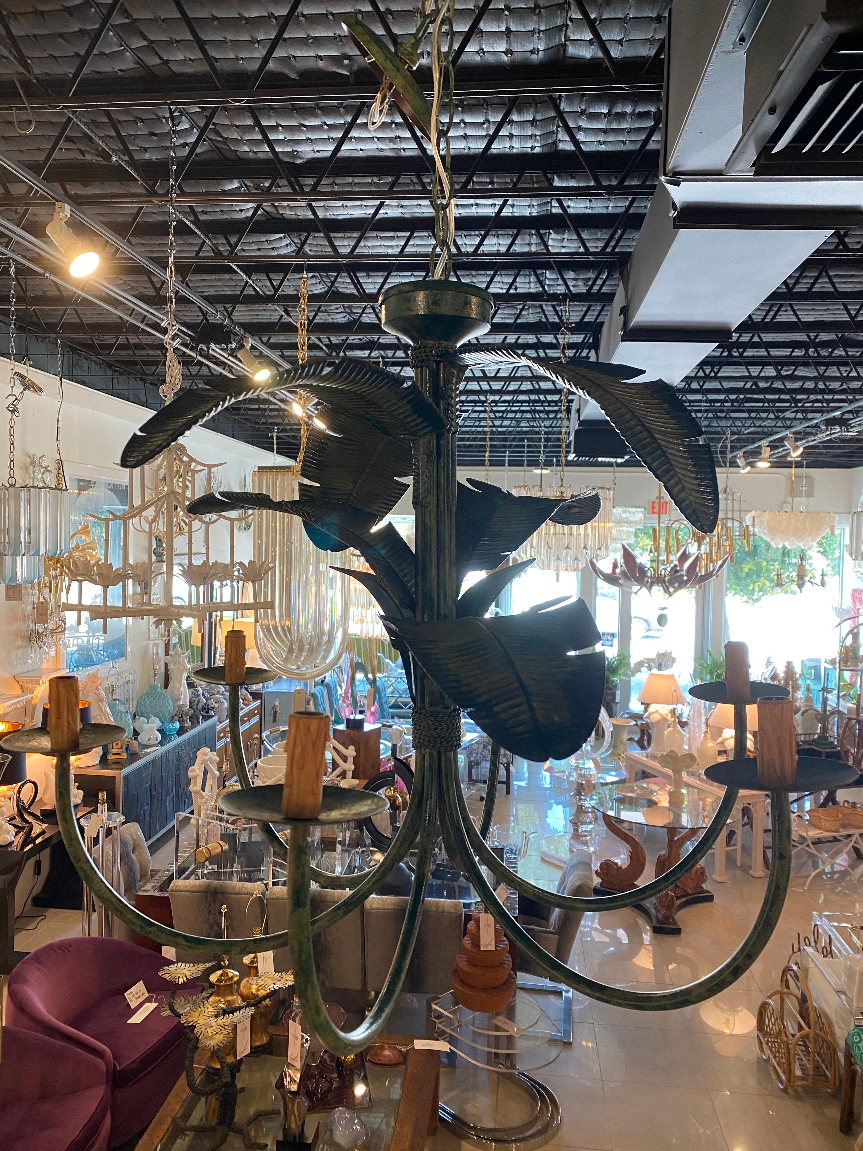 Vintage Metal Tole Palm Tree Leaf Leaves Chandelier 6 Light Tropical Beach 7