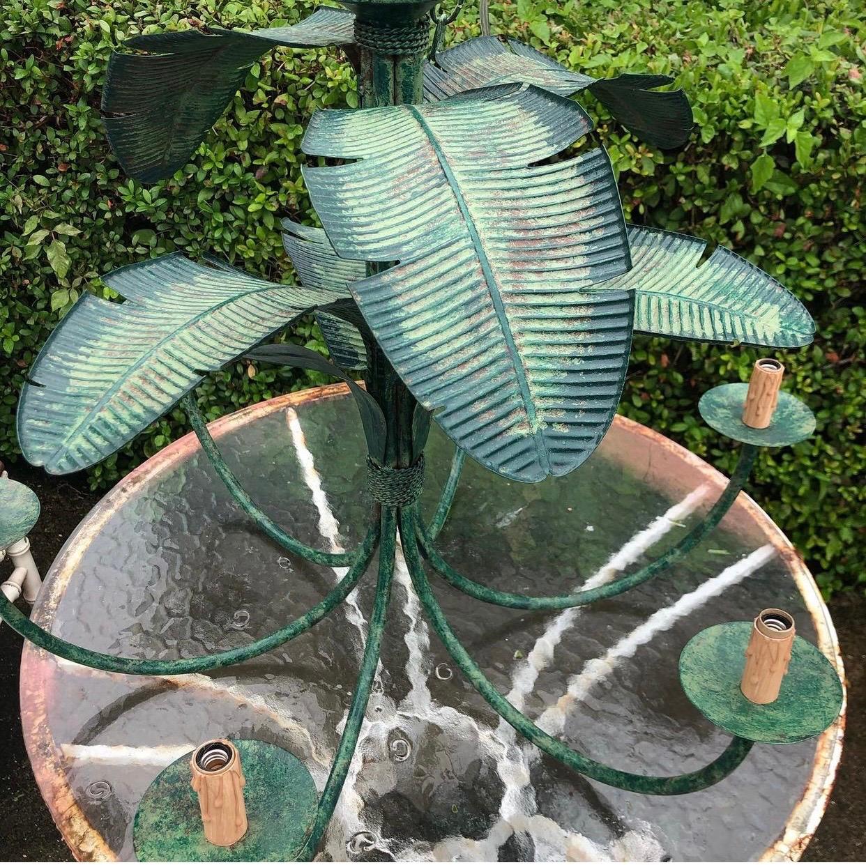 Lovely vintage metal tole palm leaf leaves chandelier. 6 lights. Matching ceiling cap and chain included. Original, different shades of green paint. If you would like this in another color that can be done for an additional charge. Tested, working