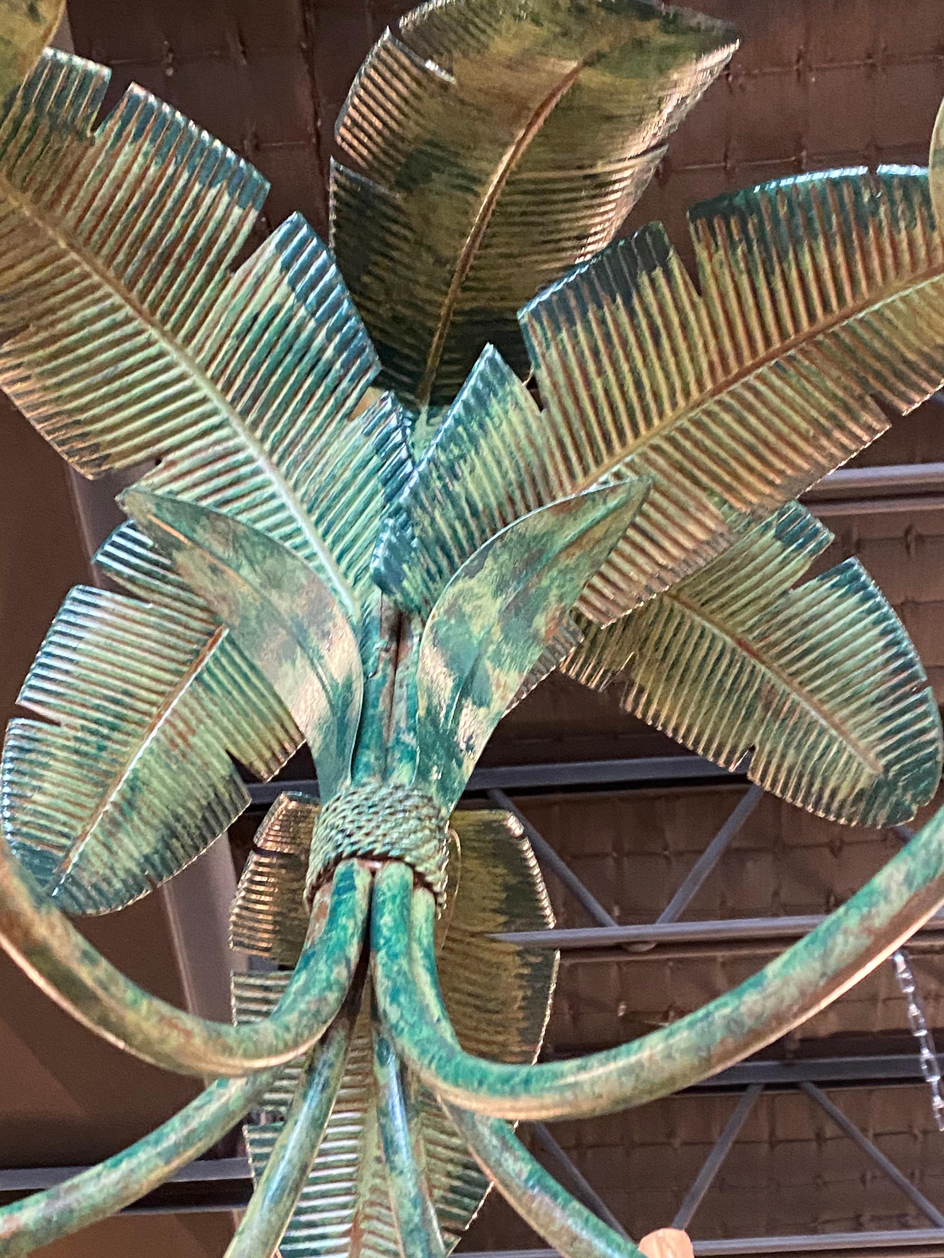 Hollywood Regency Vintage Metal Tole Palm Tree Leaf Leaves Chandelier 6 Light Tropical Beach