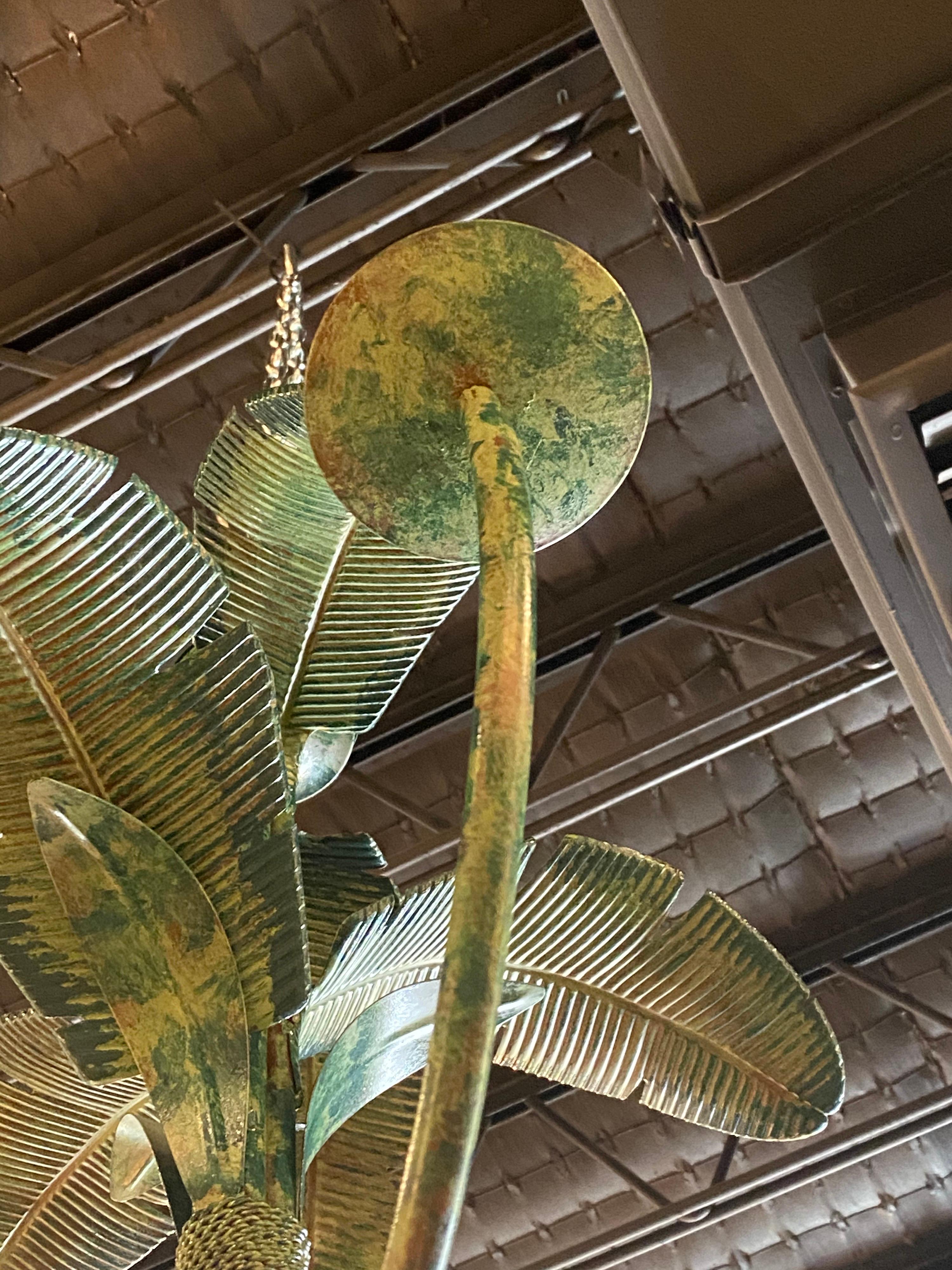 American Vintage Metal Tole Palm Tree Leaf Leaves Chandelier 6 Light Tropical Beach