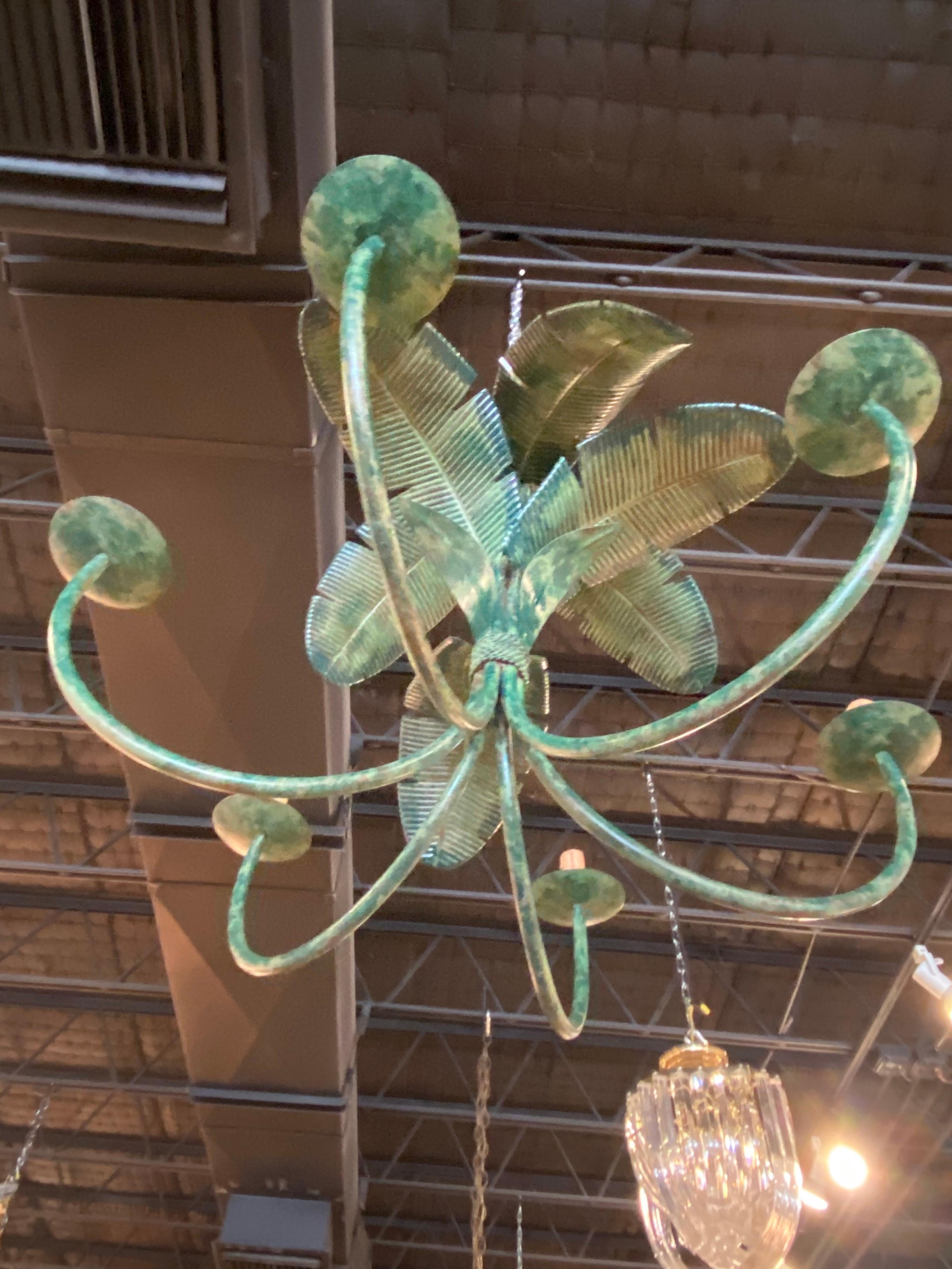 Vintage Metal Tole Palm Tree Leaf Leaves Chandelier 6 Light Tropical Beach In Good Condition In West Palm Beach, FL