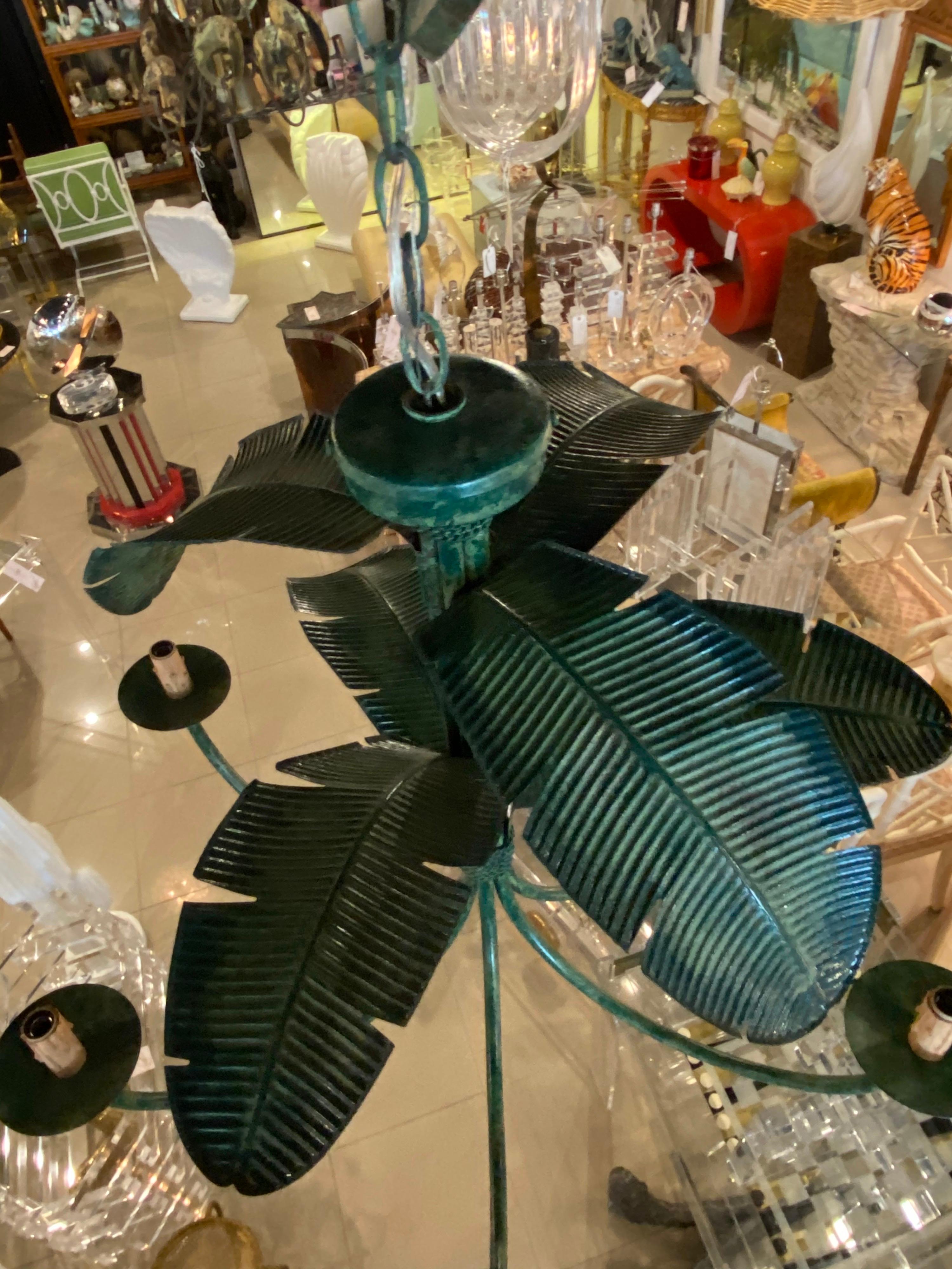 Vintage Metal Tole Palm Tree Leaf Leaves Chandelier 6 Light Tropical Beach 1