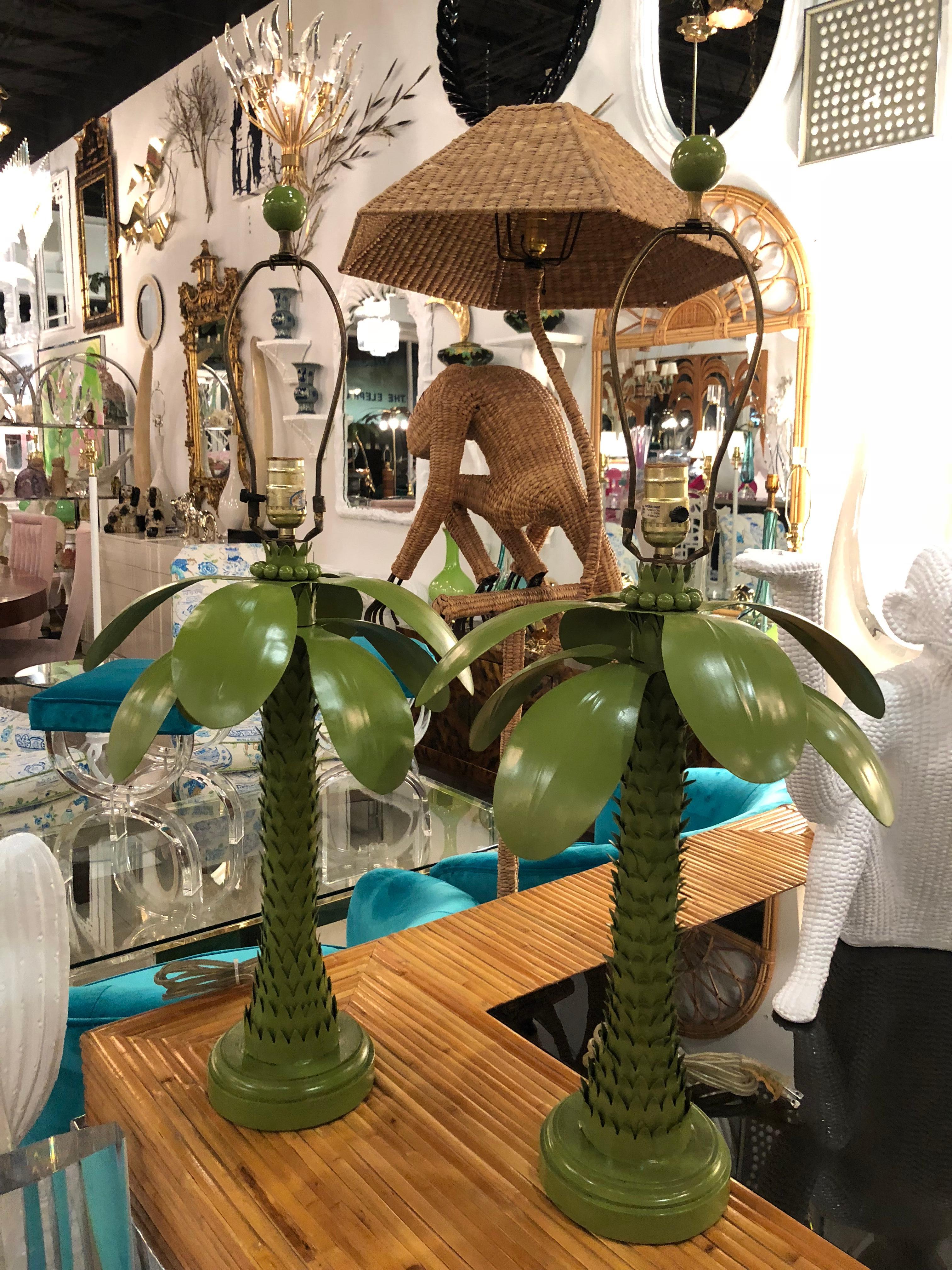 Vintage Metal Tole Palm Tree Leaf Leaves Table Lamps, Pair 10