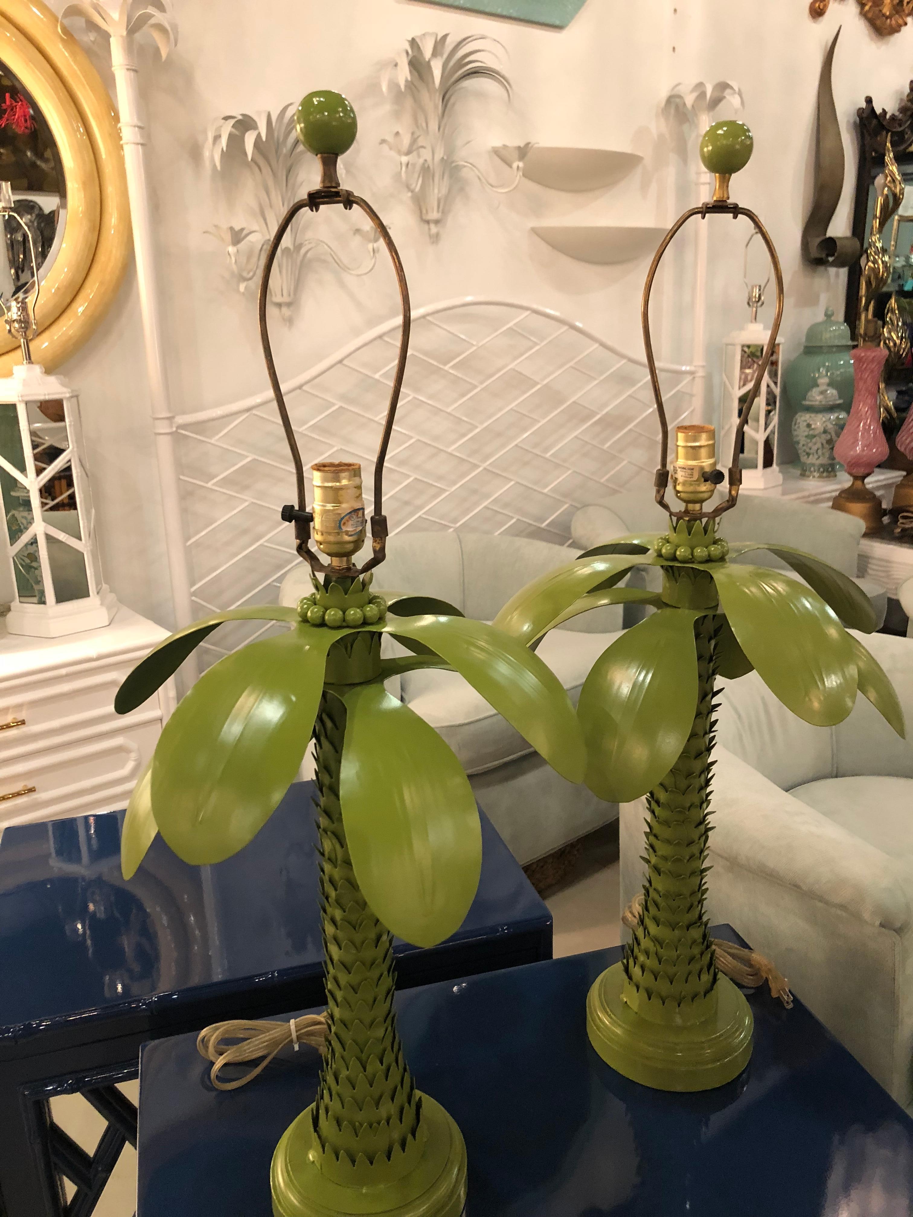 Vintage Metal Tole Palm Tree Leaf Leaves Table Lamps, Pair 3