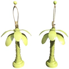 Vintage Metal Tole Palm Tree Leaf Leaves Table Lamps, Pair