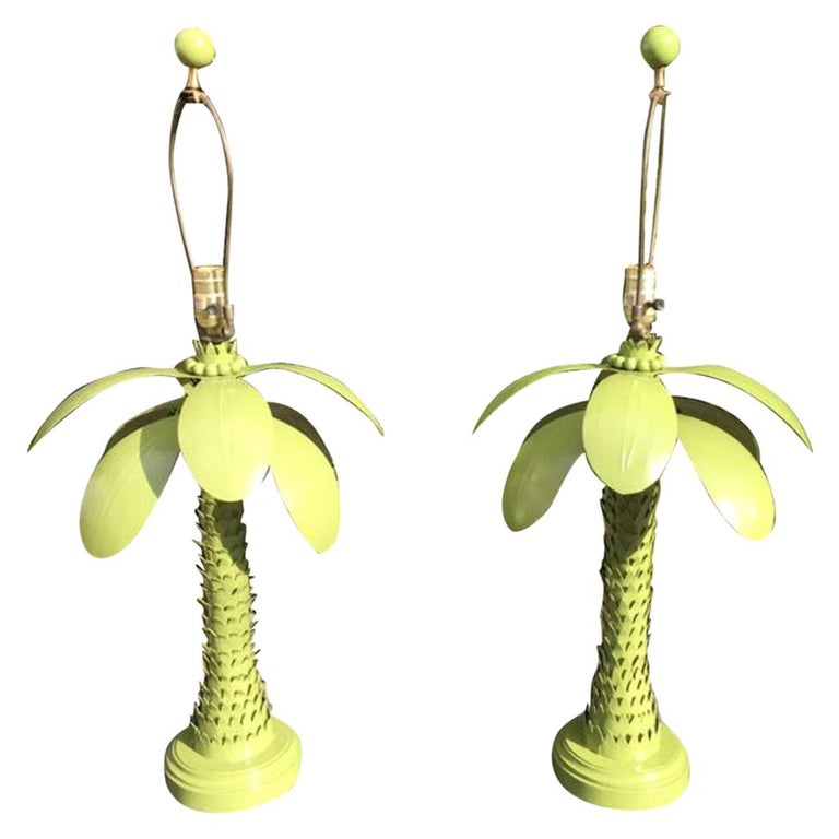 Vintage Metal Tole Palm Tree Leaf Leaves Table Lamps, Pair ...