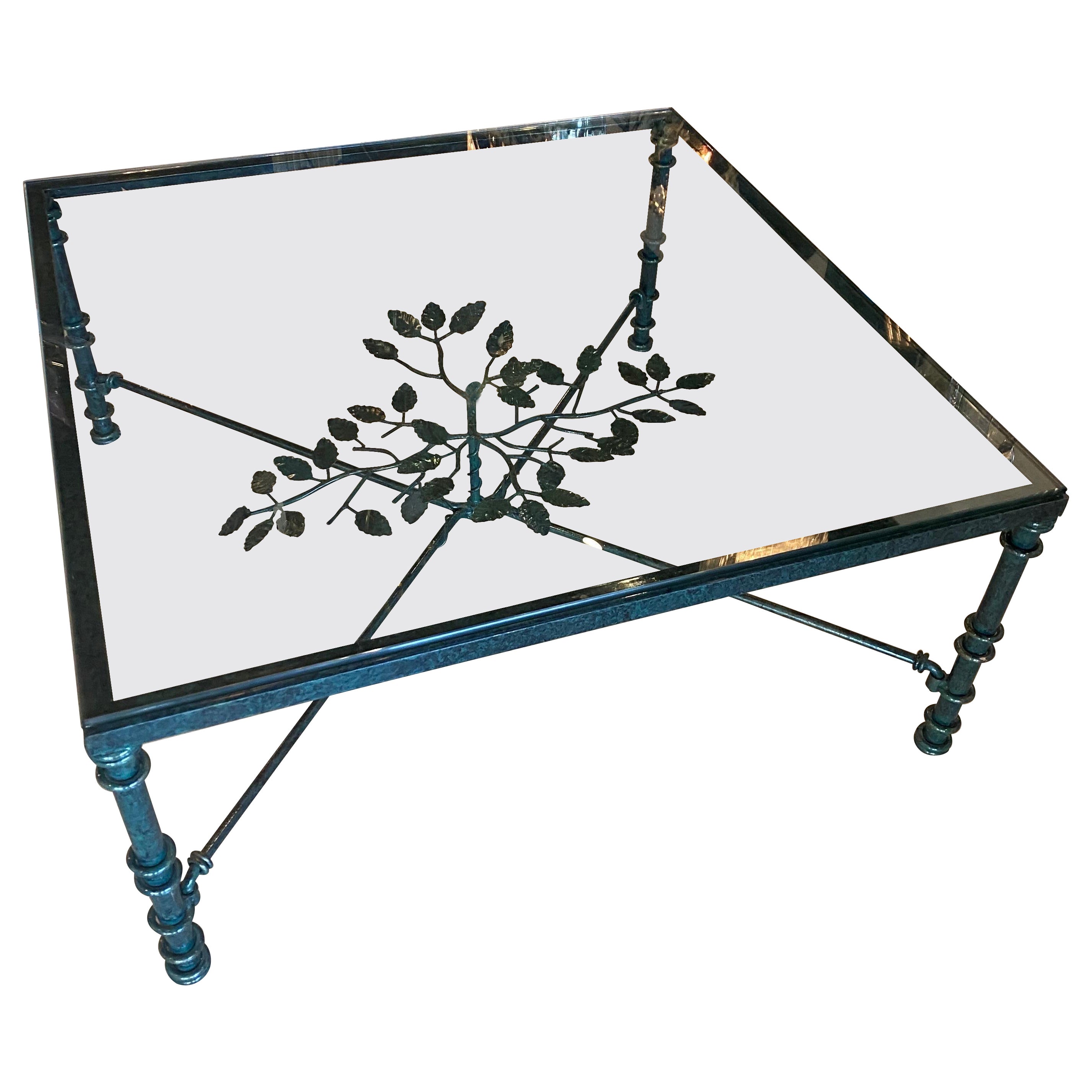 Vintage Metal Verdi Green Black Leaves Style of Giacometti Coffee Cocktail Table