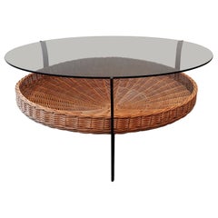 Table basse vintage en métal, osier et verre, Pays-Bas