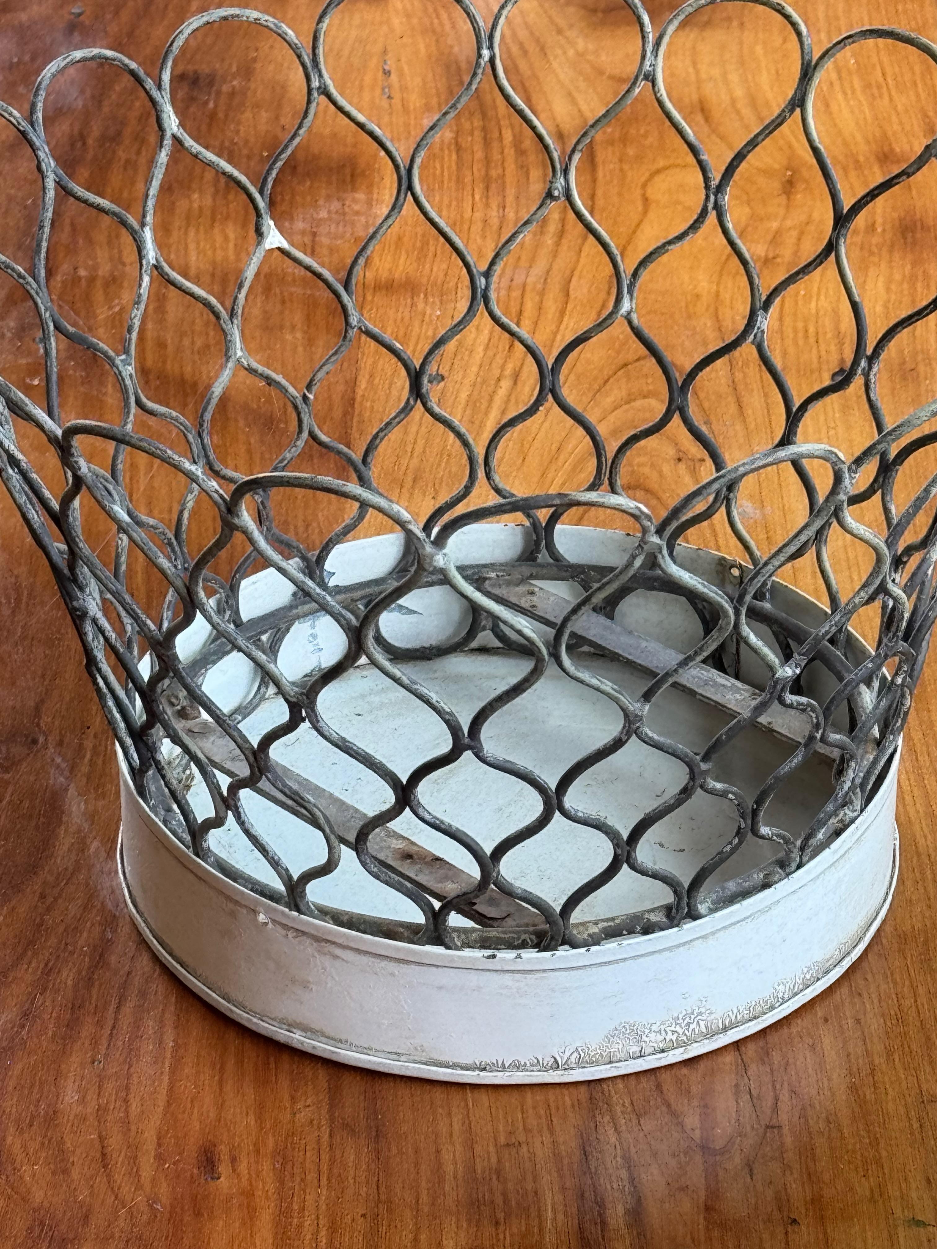 French Vintage Metal Wire Basket With Solid Base For Sale