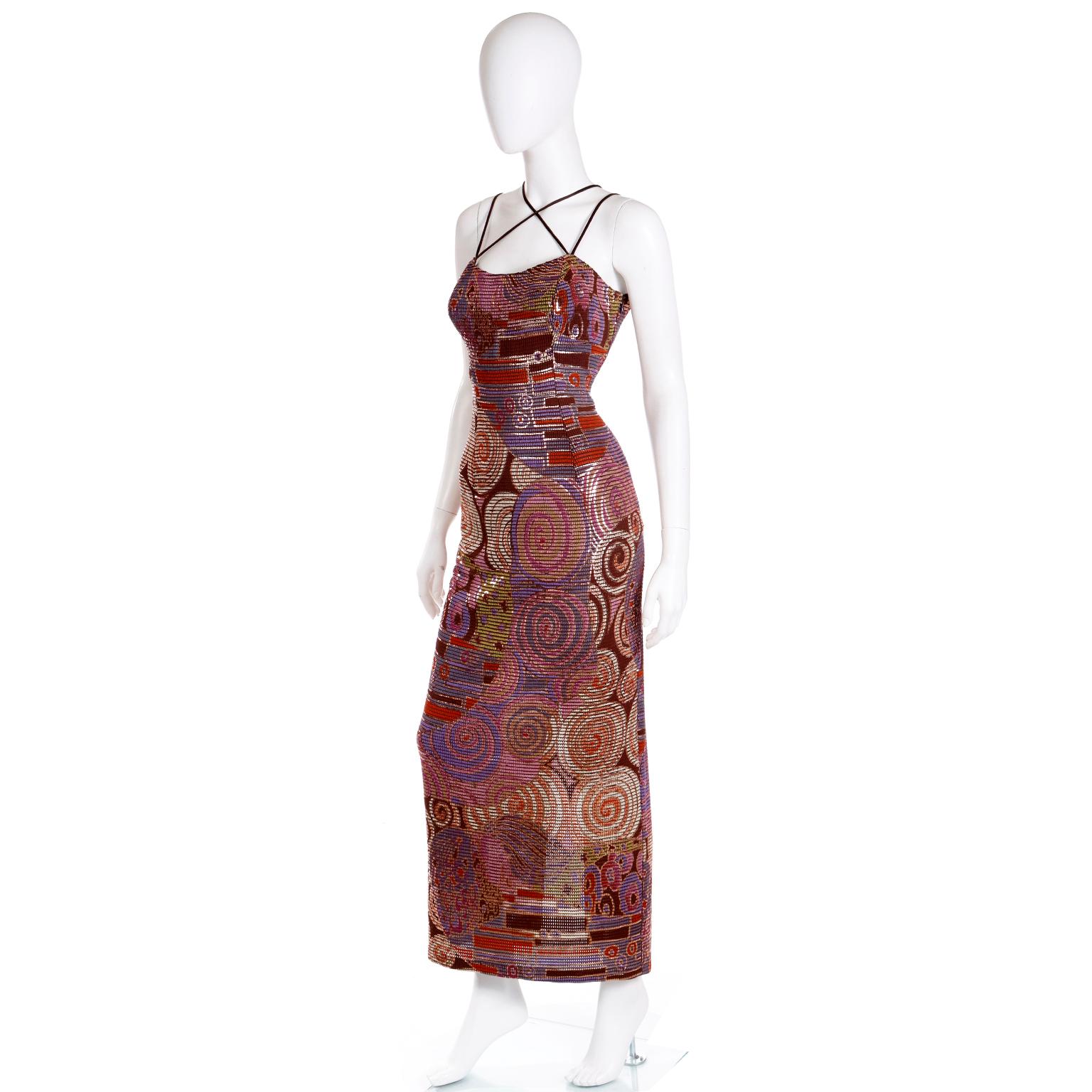 Brown Vintage Metallic Mosaic Copper Multi Colored Strappy Evening Dress