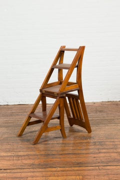 Vintage Metamorphic Indian Wooden Step Ladder Folding Side Chair