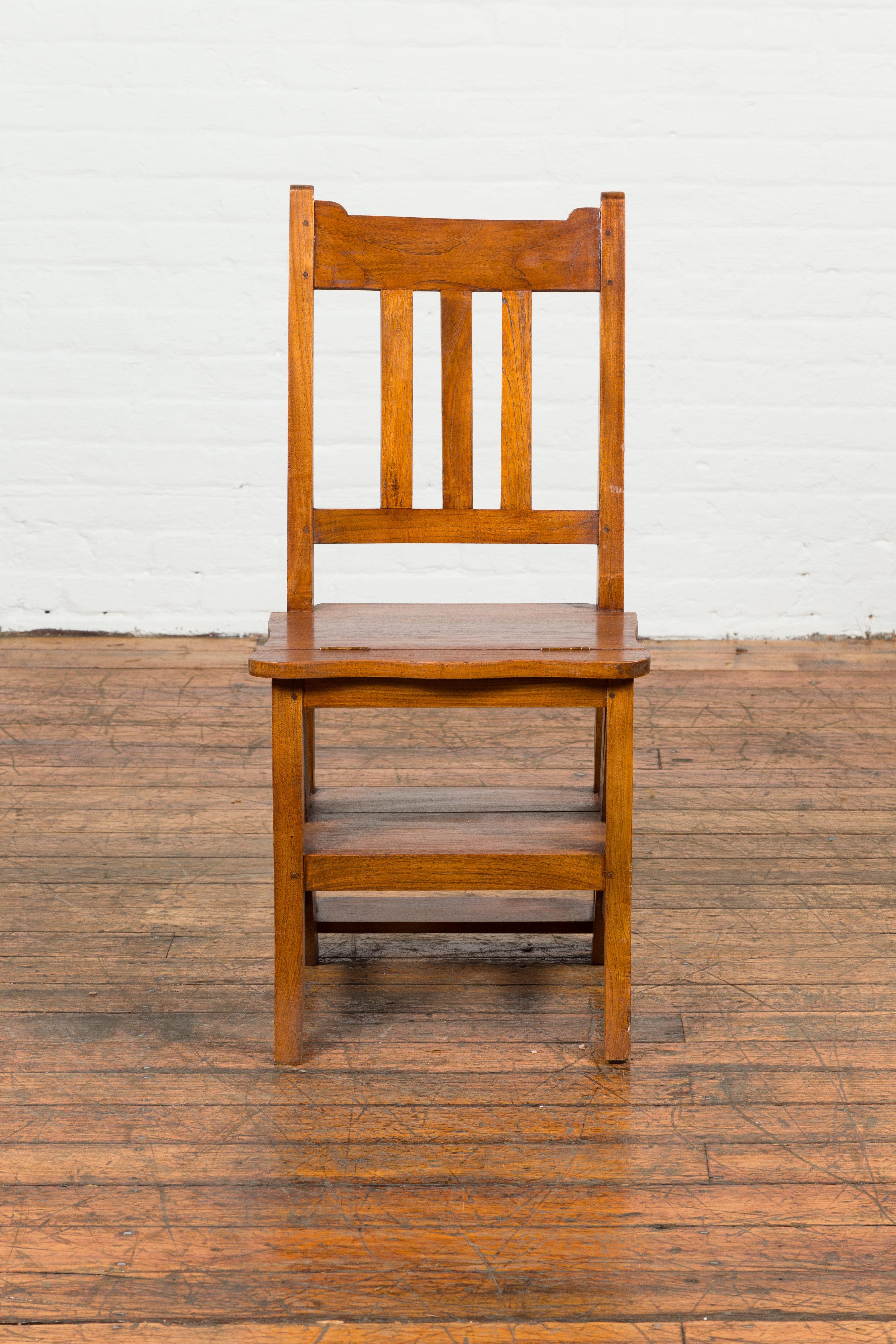 Vintage Metamorphic Indian Wooden Step Ladder Folding Side Chair In Good Condition For Sale In Yonkers, NY