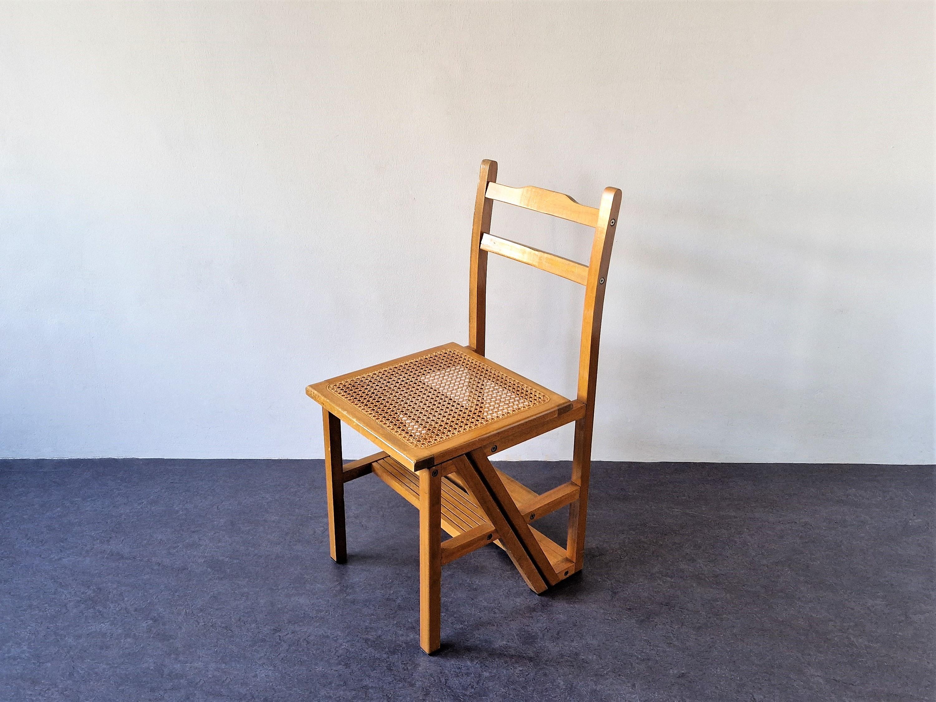 This transforming wooden step chair is great for small spaces where you need to reach objects in high places, such as a book case or kitchen cabinet and also when you occasionally need an extra chair. The chair can be easily transformed into a small