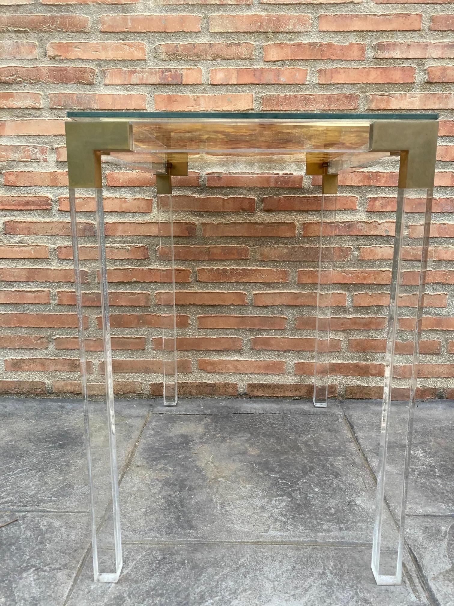 Glass Vintage Methacrylate or Lucite and Brass Side Table, 1970s For Sale