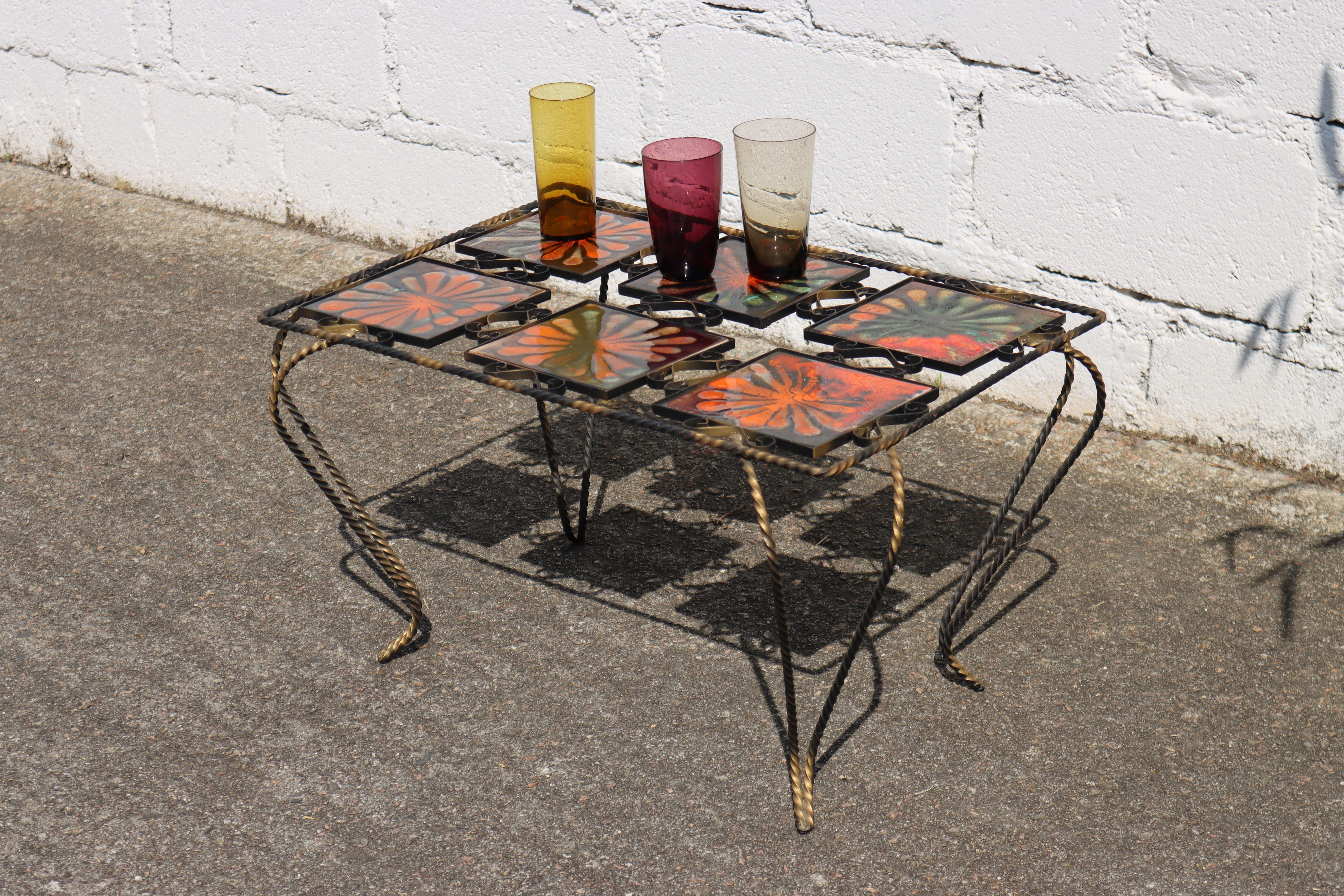 French Vintage Mettlach Tiled and Forged Cocktail Table-Coffee Table-Patio Table-1950s For Sale