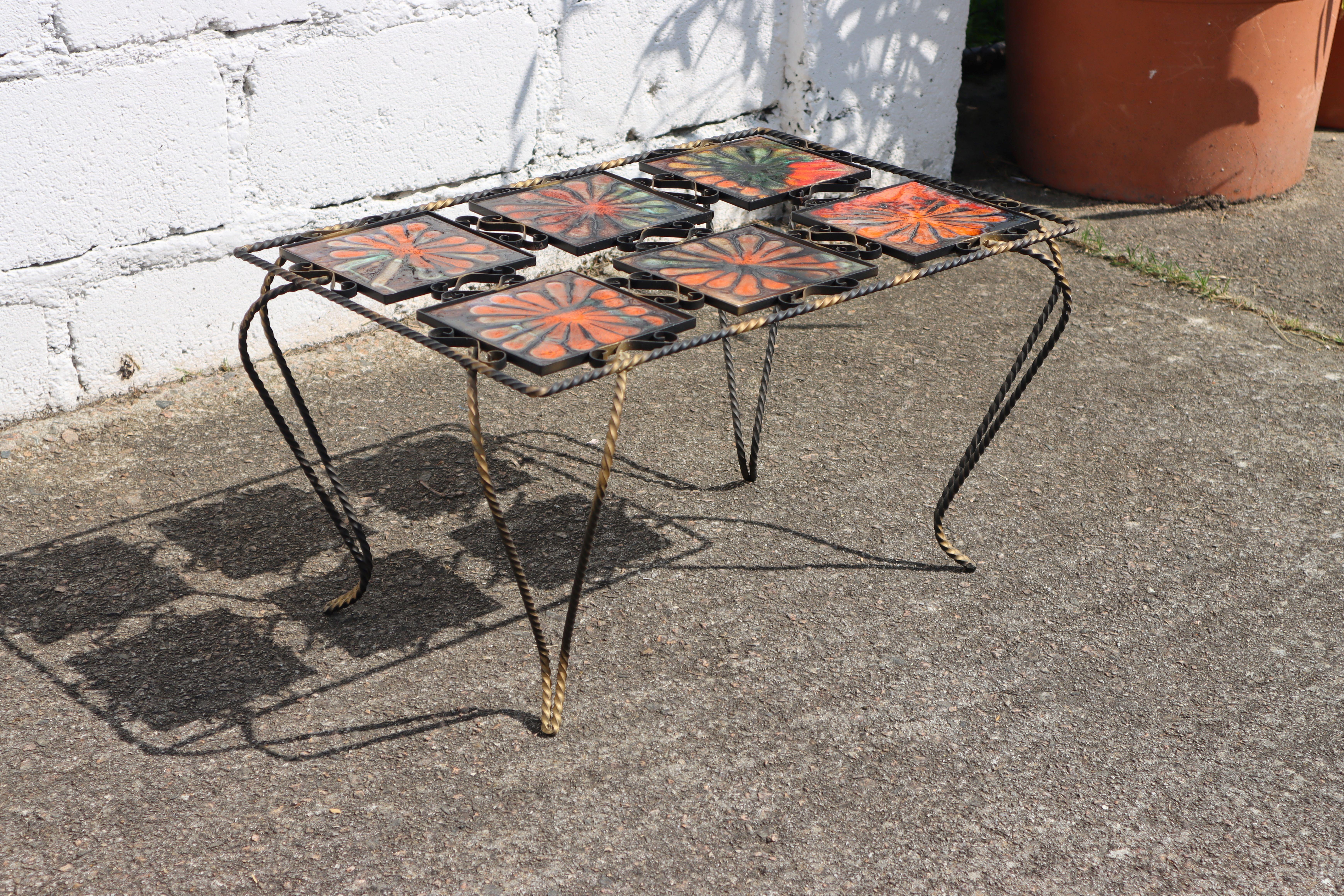 Wrought Iron Vintage Mettlach Tiled and Forged Cocktail Table-Coffee Table-Patio Table-1950s For Sale