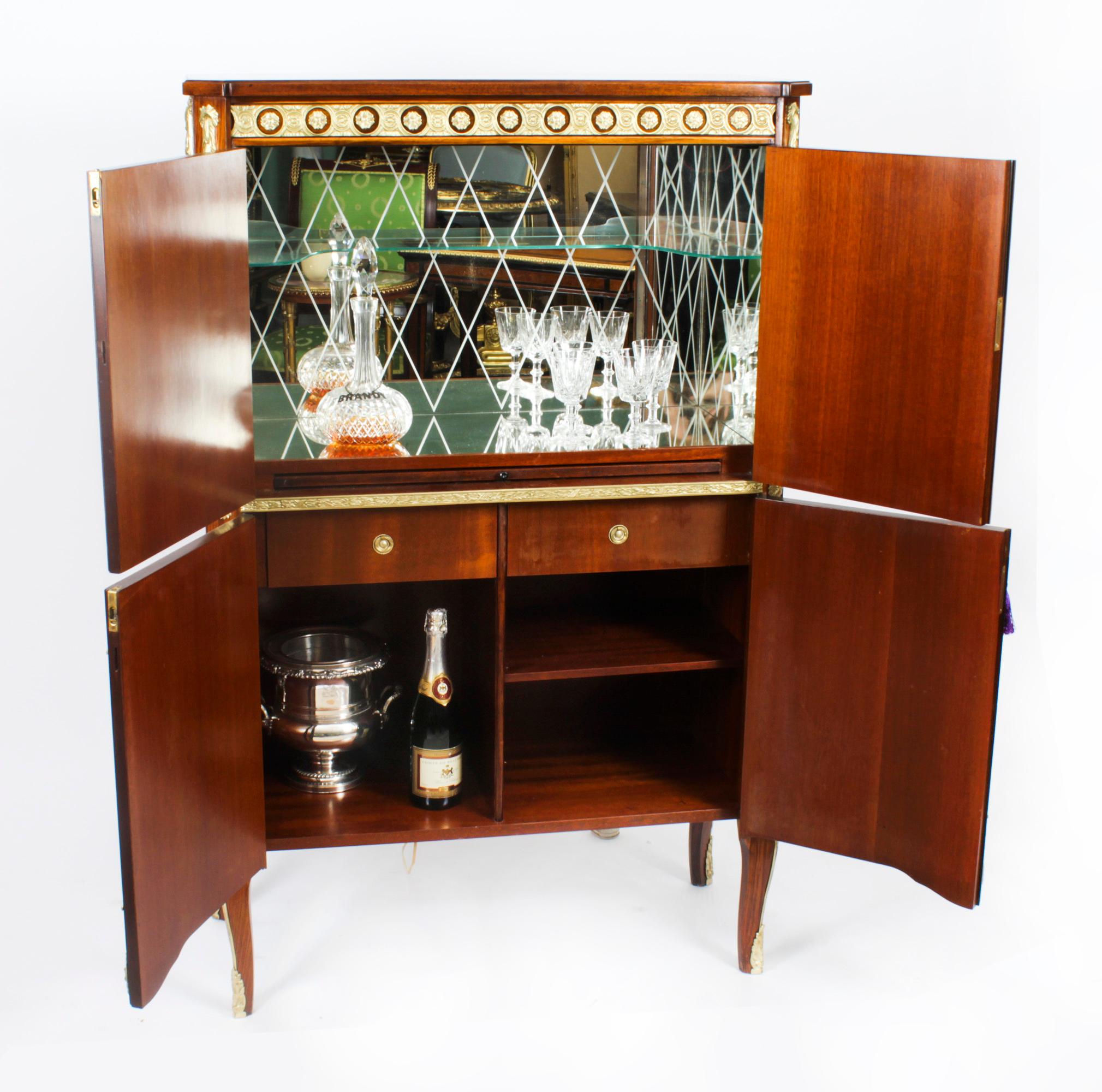 Empire Revival Vintage Meuble Francais Ormolu Mounted Burr Walnut Cocktail Cabinet 20th Century For Sale