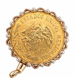 Vintage Mexican 20 Pesos 1959 Gold Coin Pendant in Ornate Gold Rope Bezel
