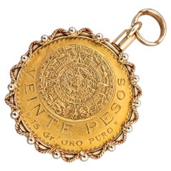 Vintage Mexican 20 Pesos 1959 Gold Coin Pendant in Ornate Gold Rope Bezel