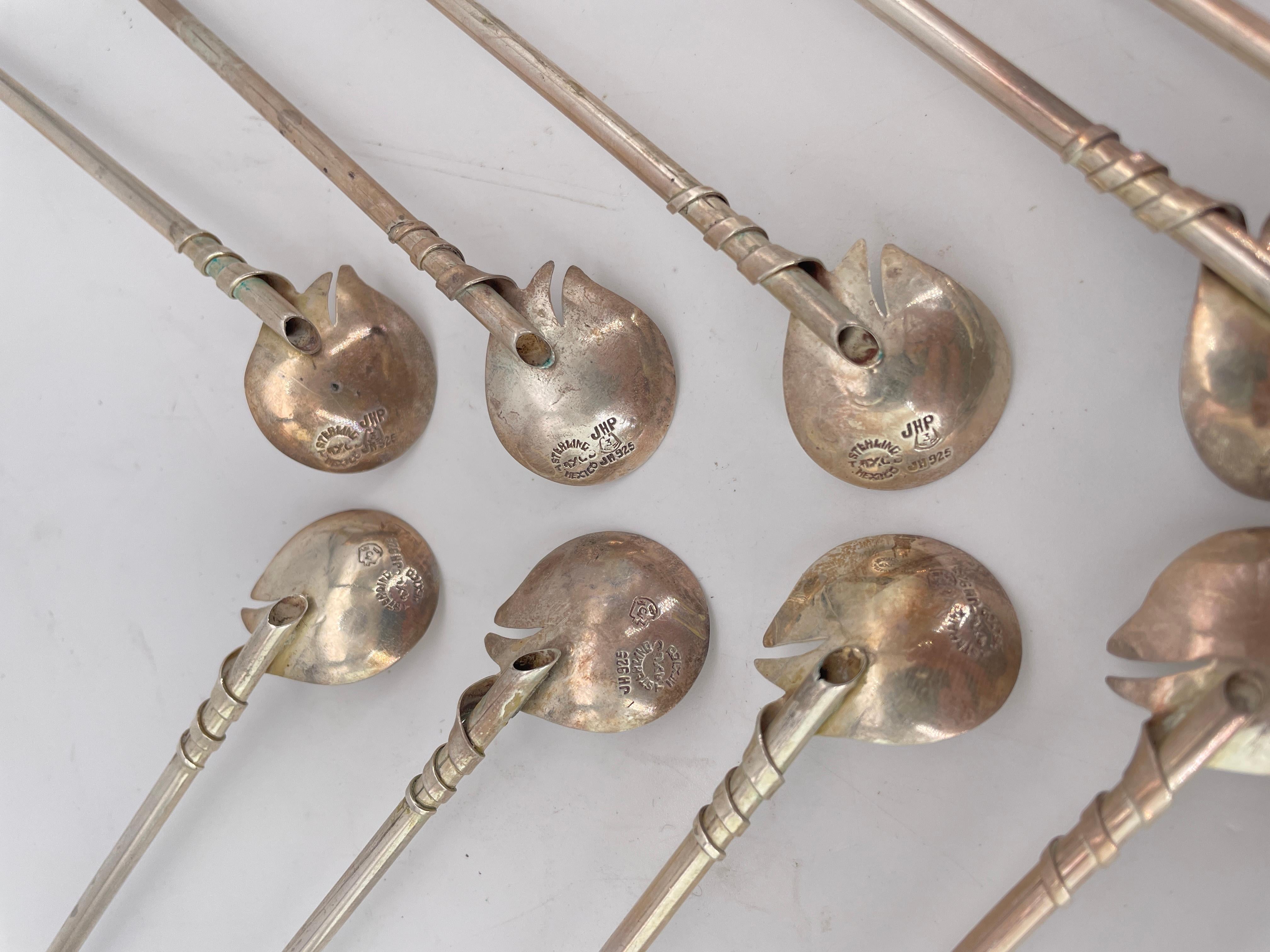 Vintage Mexican 925 Sterling Silver Swan Sipper Straws Mid-Century Drink Stir en vente 3