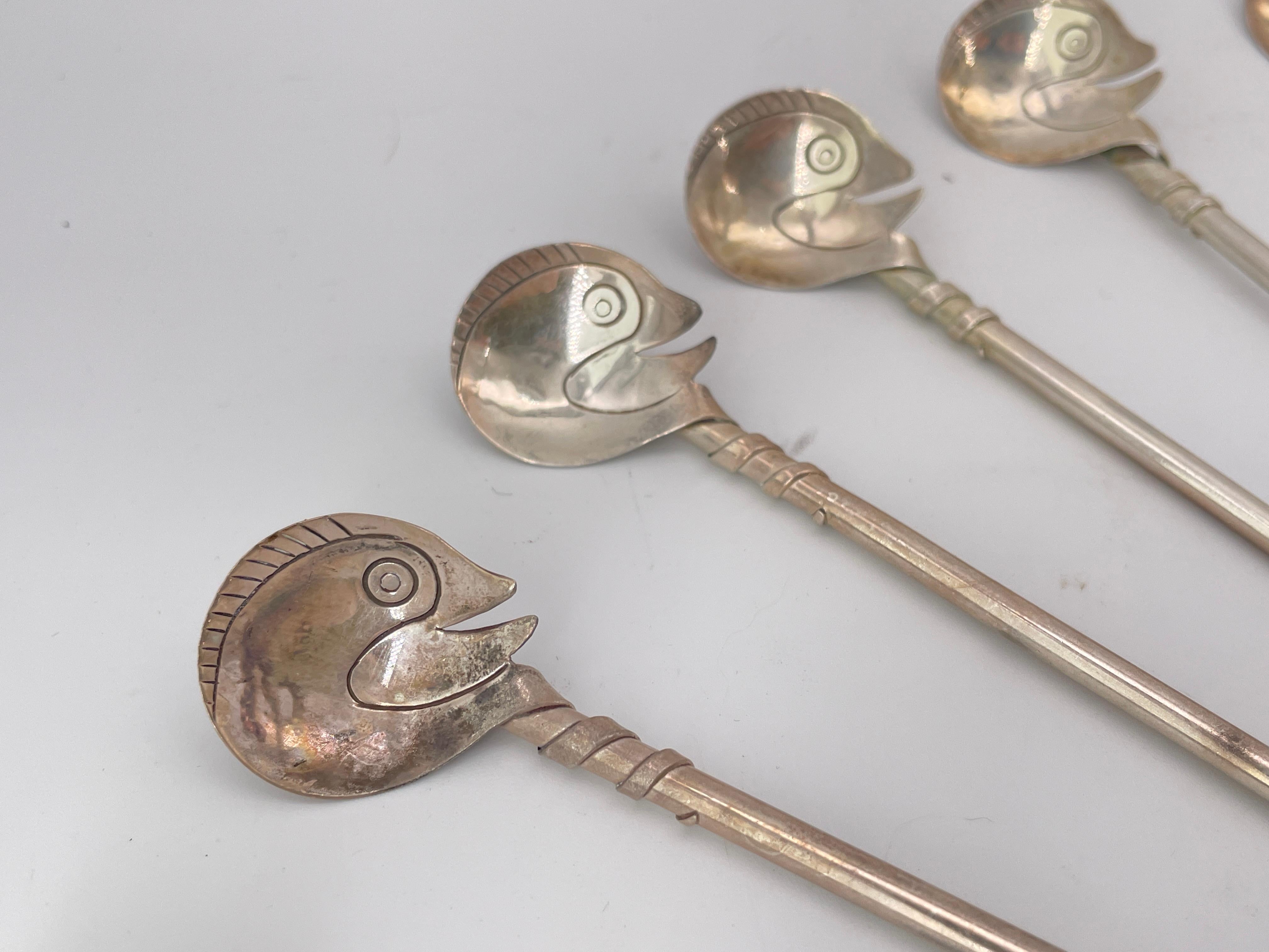 Fait main Vintage Mexican 925 Sterling Silver Swan Sipper Straws Mid-Century Drink Stir en vente