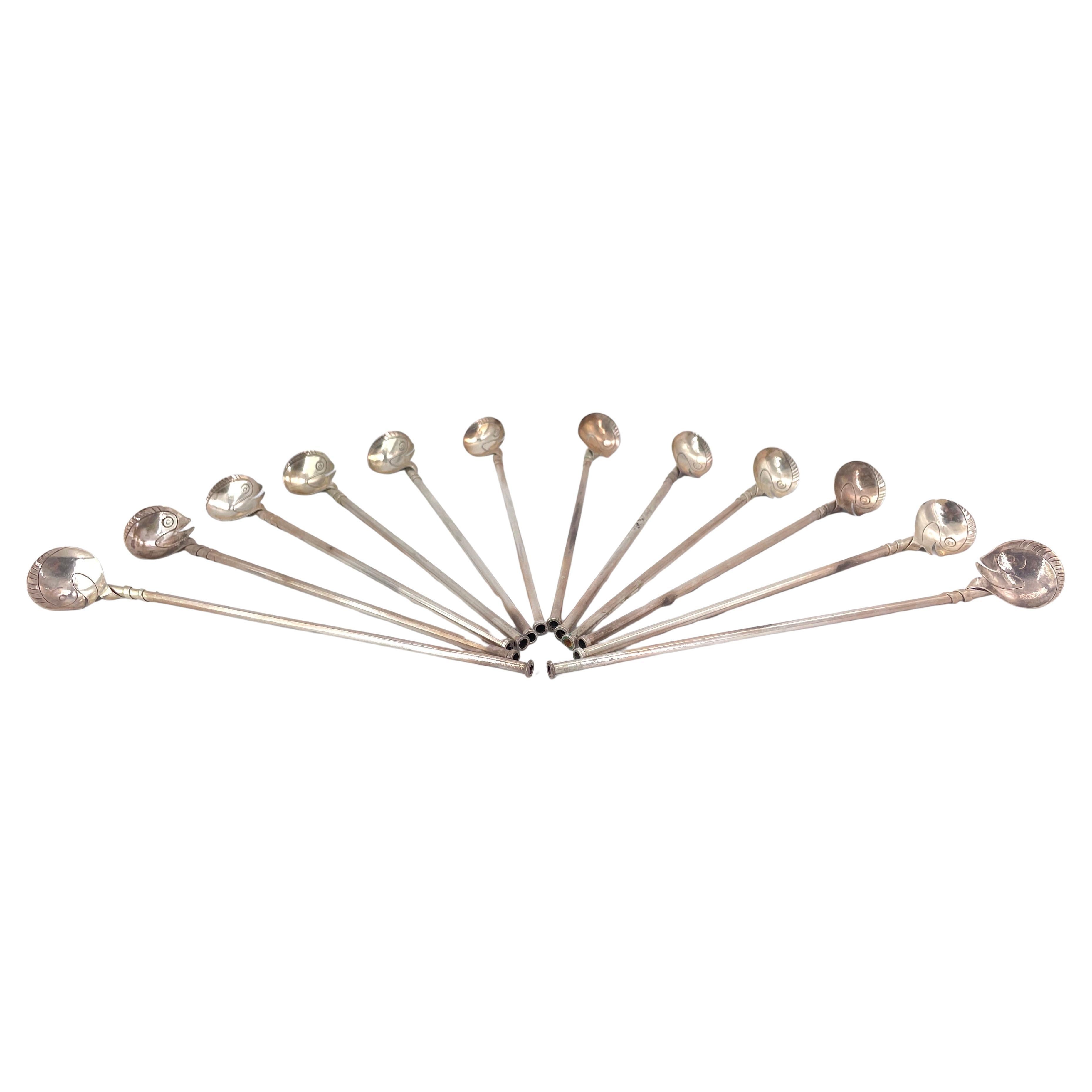 Vintage Mexican 925 Sterling Silver Swan Sipper Straws Mid-Century Drink Stir en vente