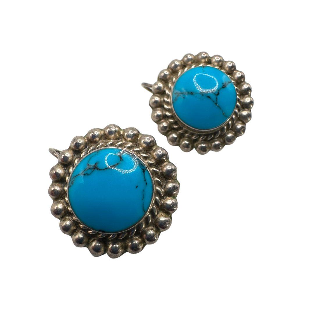Art Deco Vintage Mexican 925 Sterling Silver Turquoise Clip on Earrings For Sale