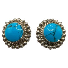 Antique Mexican 925 Sterling Silver Turquoise Clip on Earrings