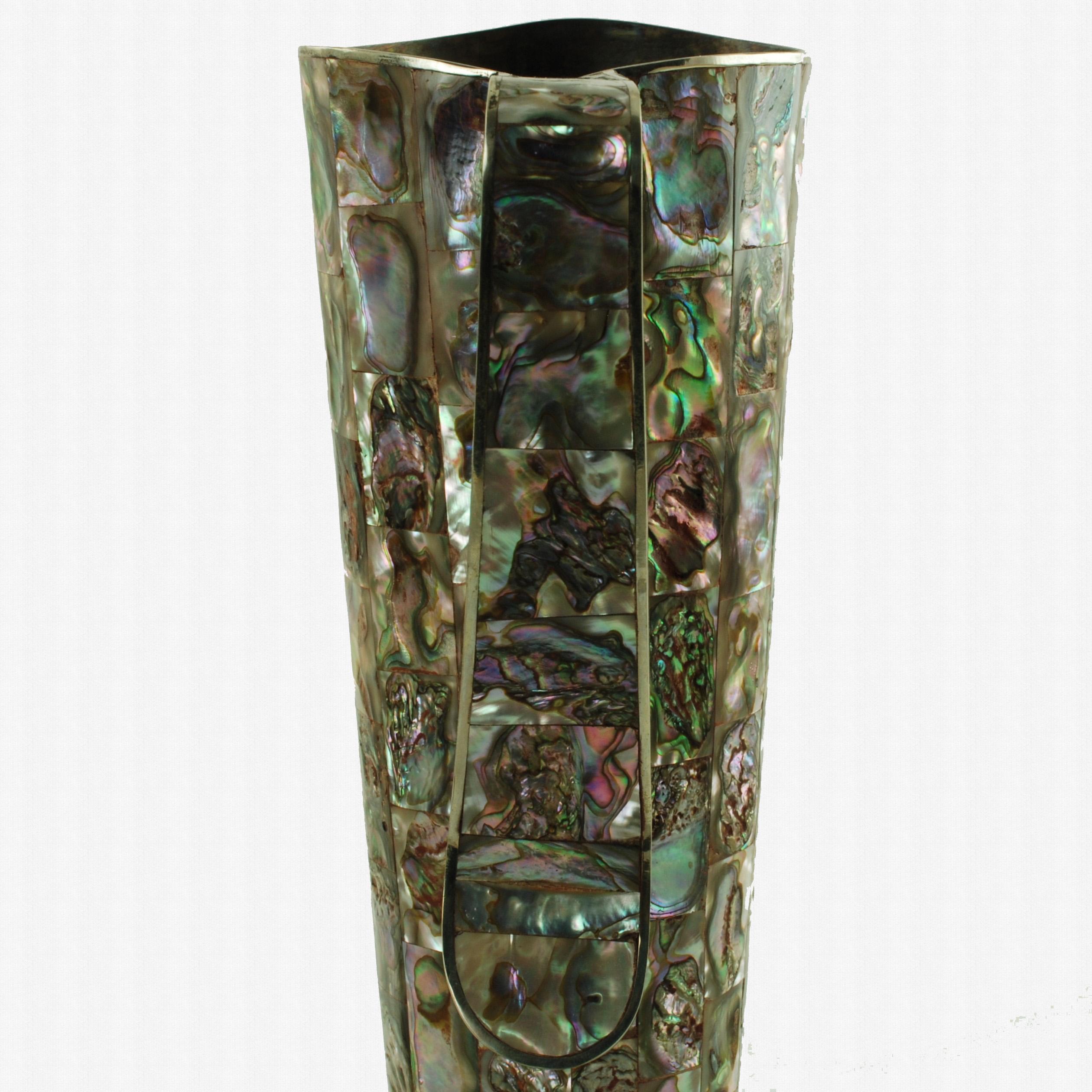 Brocche messicane d'epoca in alpaca con piastrelle in abalone intarsiate, set di due pezzi in vendita 2