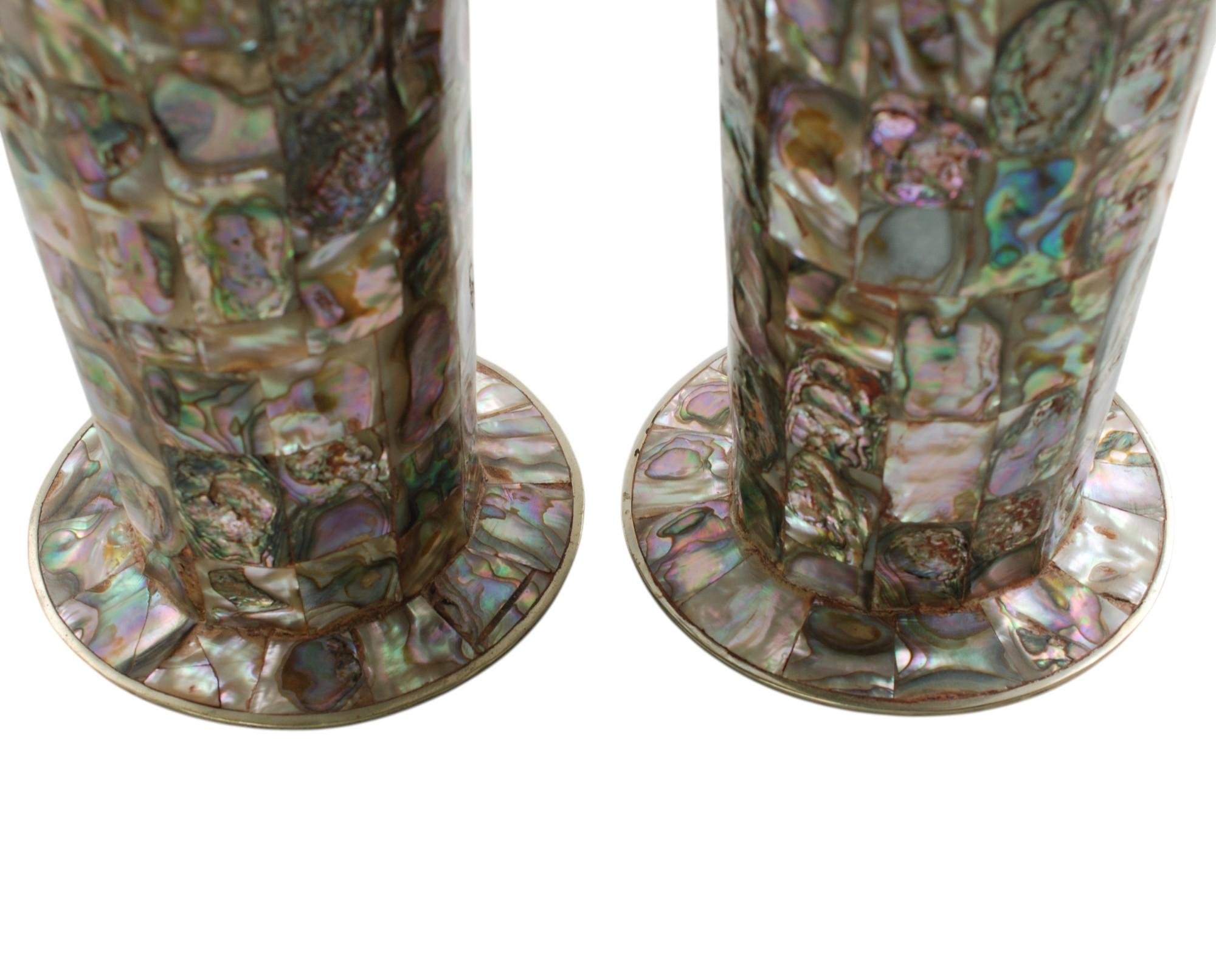 Vintage Mexican Alpaca Pitchers with Inlaid Abalone Tiles Matched Set of Two For Sale 3