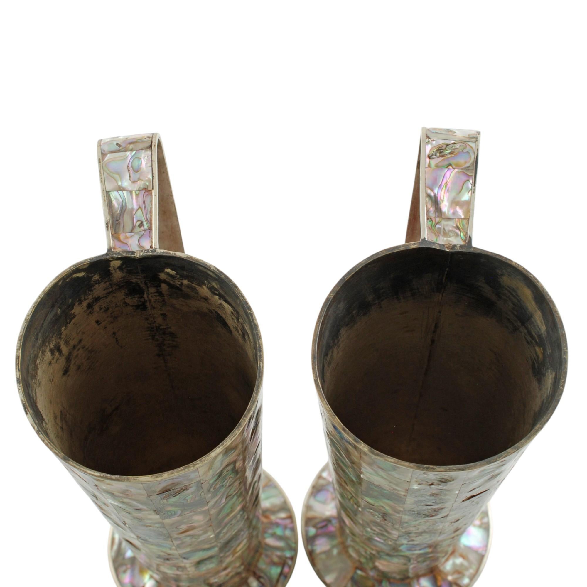 Vintage Mexican Alpaca Pitchers with Inlaid Abalone Tiles Matched Set of Two For Sale 4