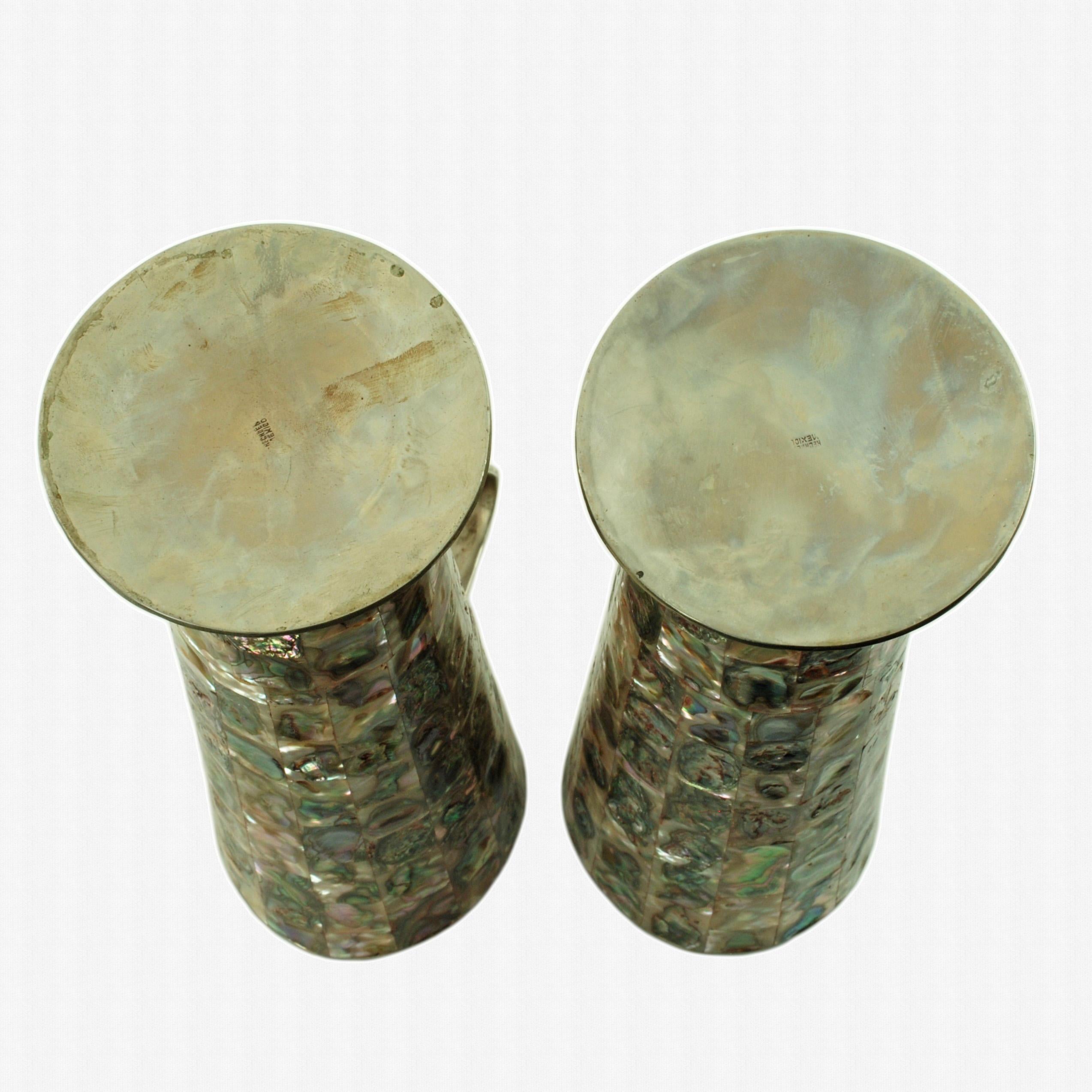 Brocche messicane d'epoca in alpaca con piastrelle in abalone intarsiate, set di due pezzi in vendita 5