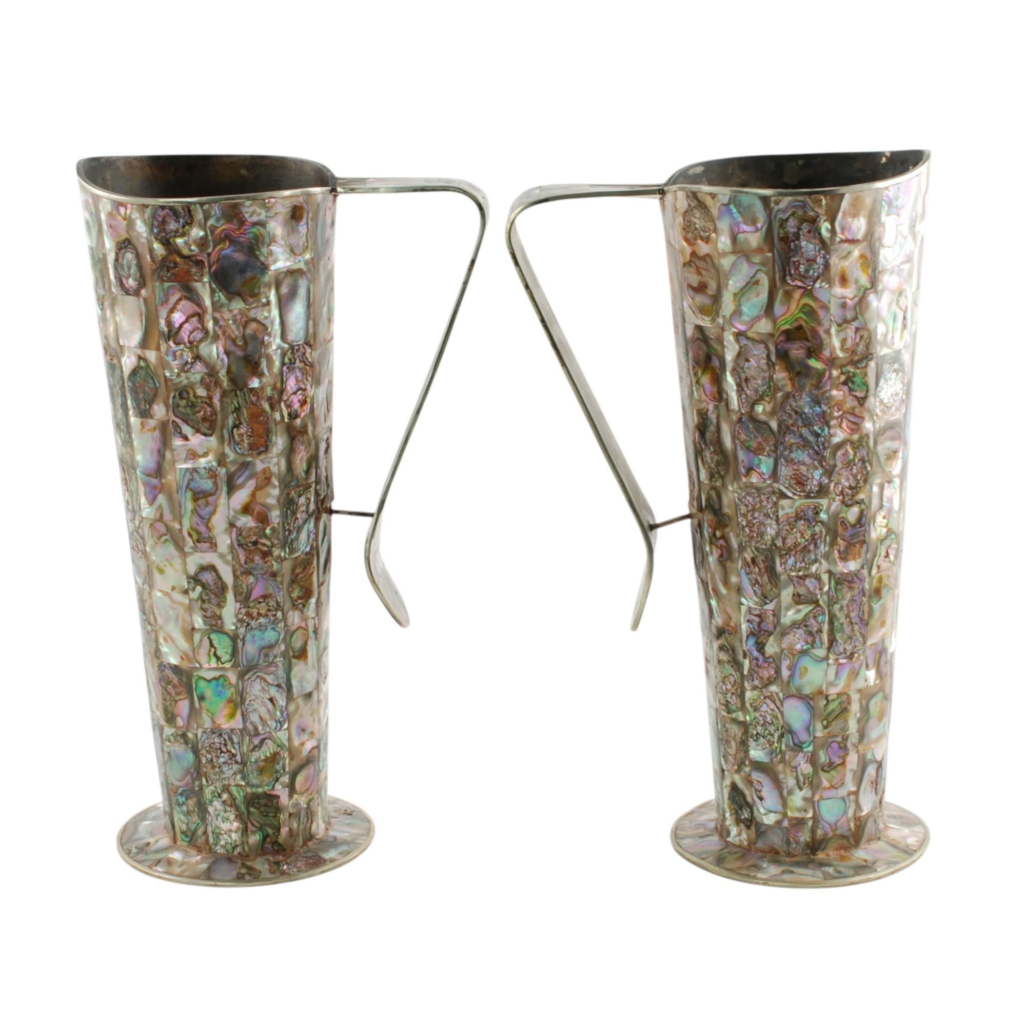Mid-Century Modern Vintage Mexican Alpaca Pitchers with Inlaid Abalone Tiles Matched Set of Two For Sale