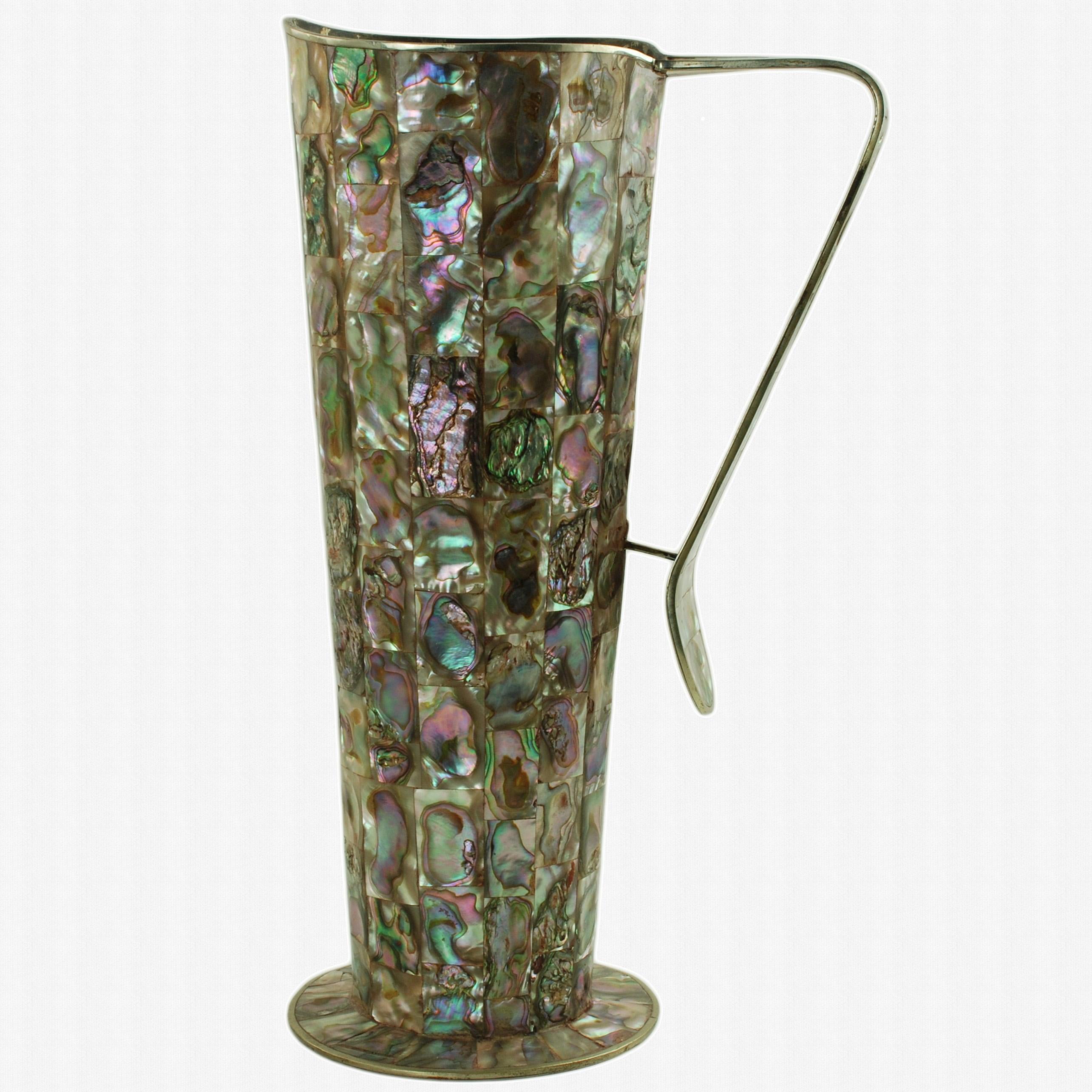 Intarsio Brocche messicane d'epoca in alpaca con piastrelle in abalone intarsiate, set di due pezzi in vendita