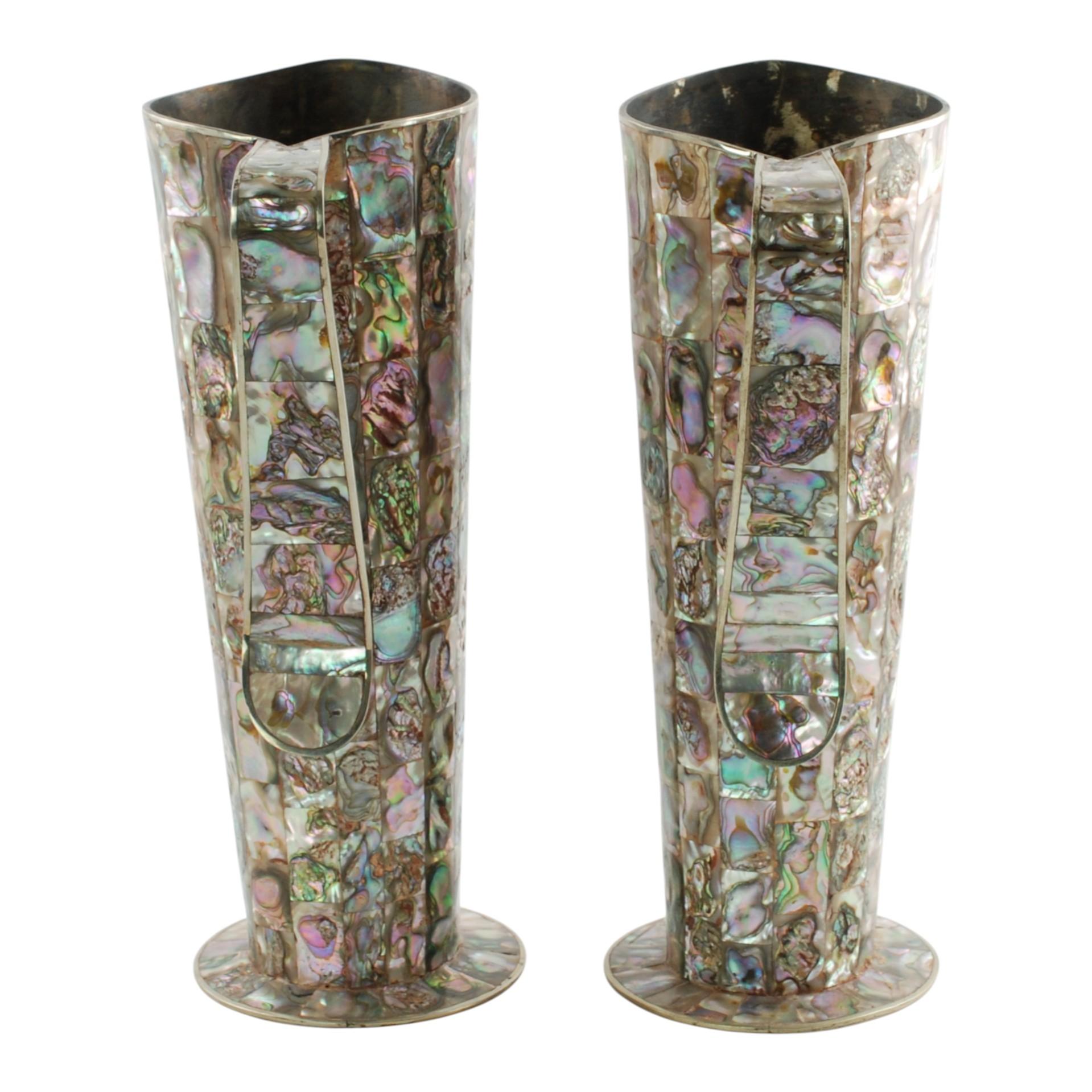 Inlay Vintage Mexican Alpaca Pitchers with Inlaid Abalone Tiles Matched Set of Two For Sale