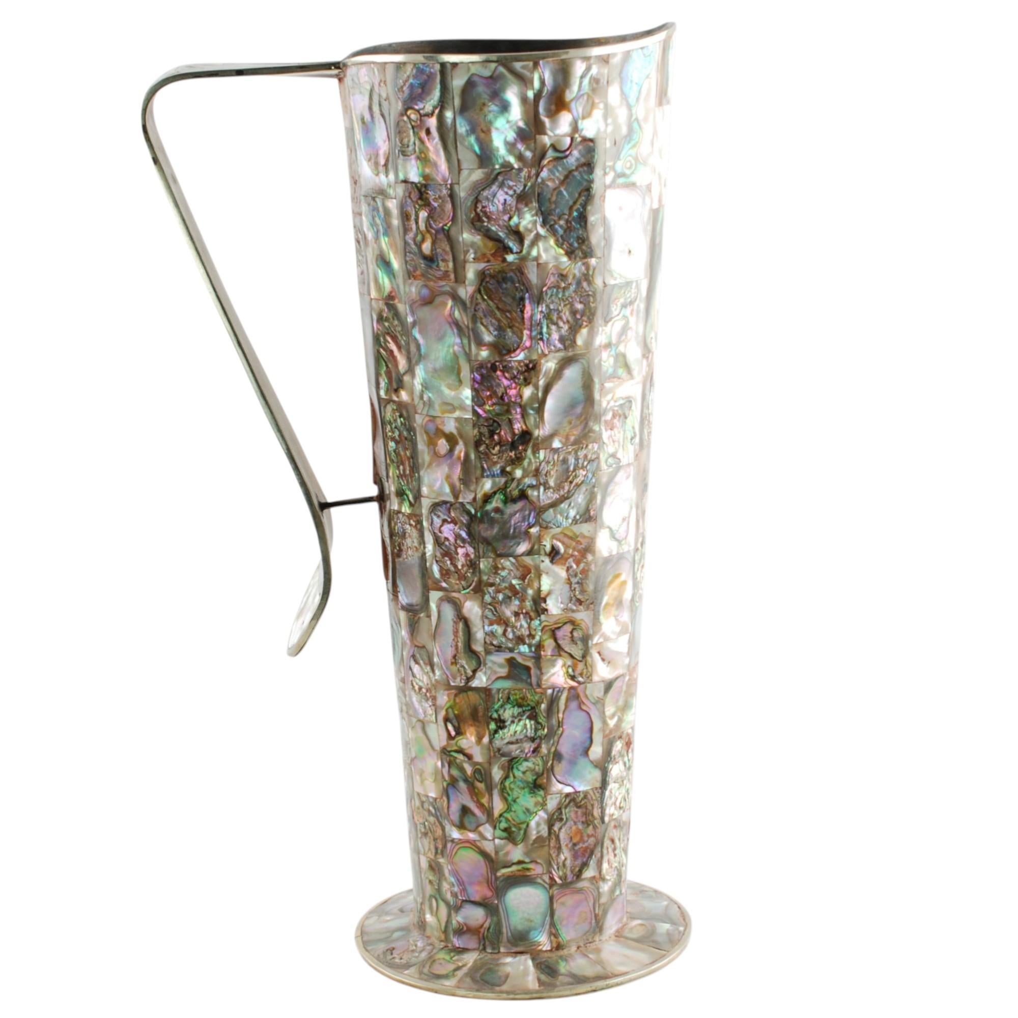 Vintage Mexican Alpaca Pitchers with Inlaid Abalone Tiles Matched Set of Two In Good Condition For Sale In Cincinnati, OH