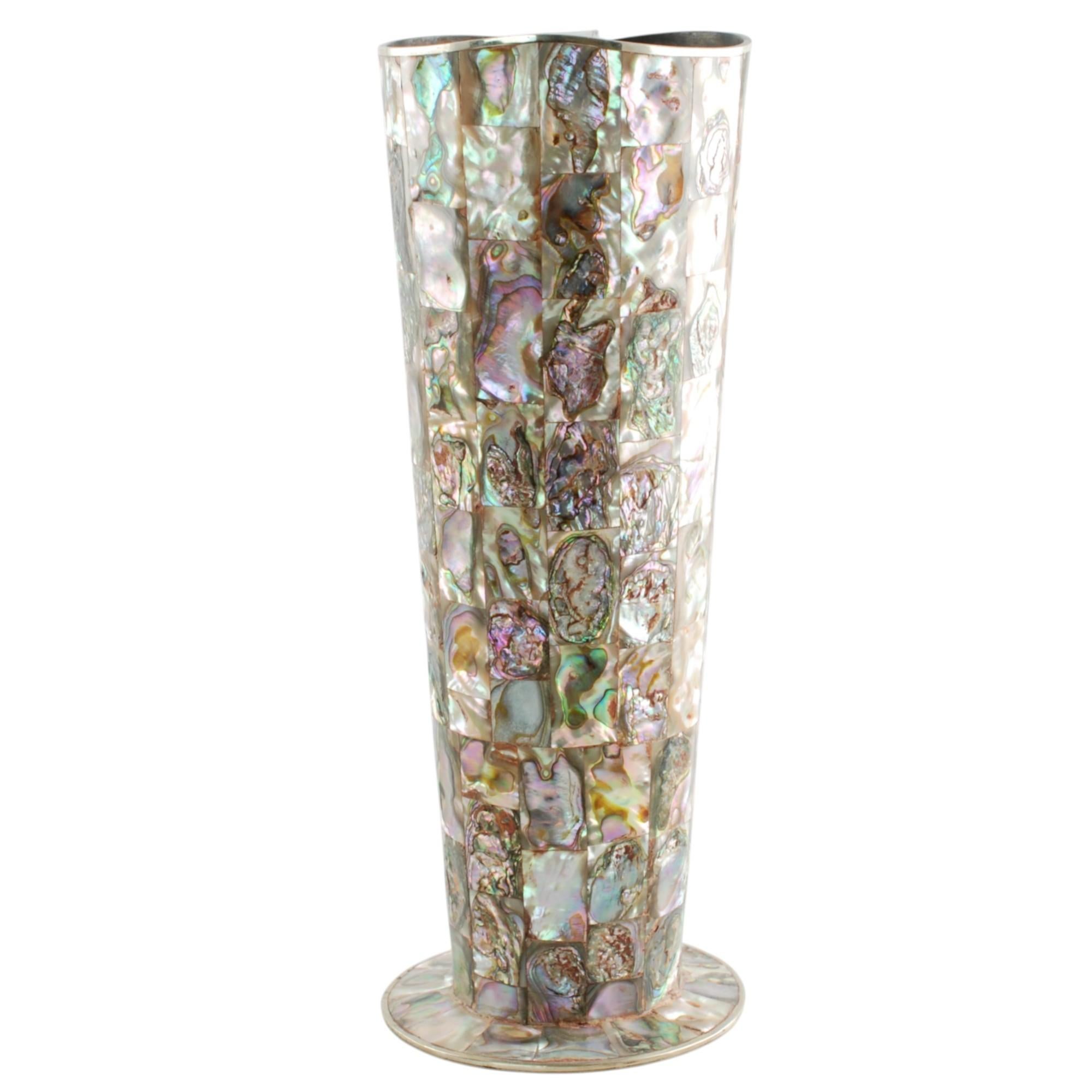 20th Century Vintage Mexican Alpaca Pitchers with Inlaid Abalone Tiles Matched Set of Two For Sale