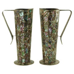 Vintage Mexican Alpaca Pitchers with Inlaid Abalone Tiles Matched Set of Two