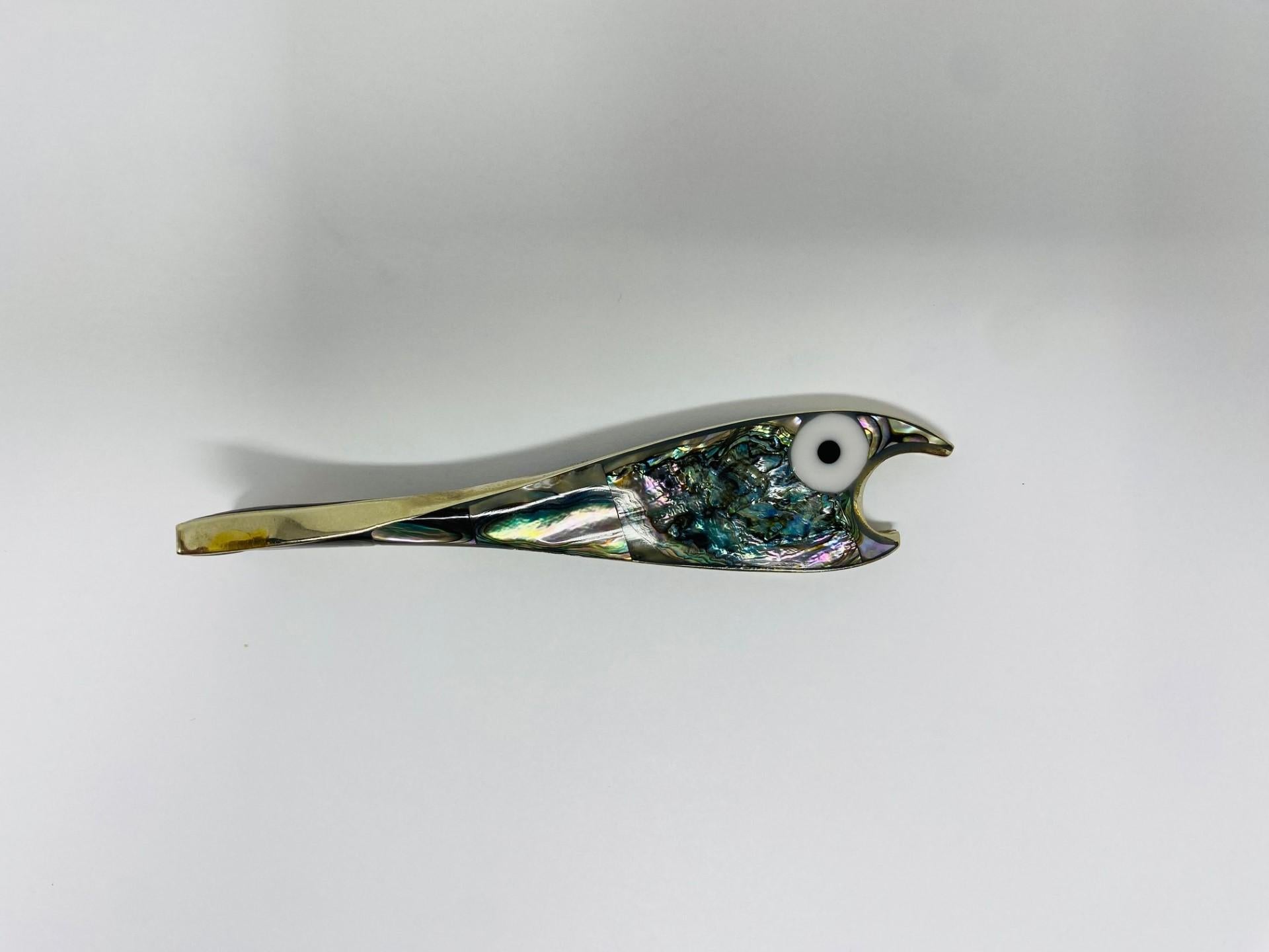 Mid-Century Modern Vintage Mexican Alpaca Silver and Abalone Bottle Opener For Sale