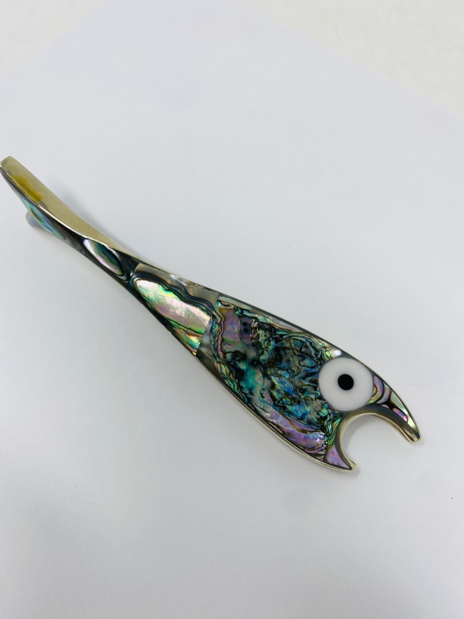 Hand-Crafted Vintage Mexican Alpaca Silver and Abalone Bottle Opener For Sale