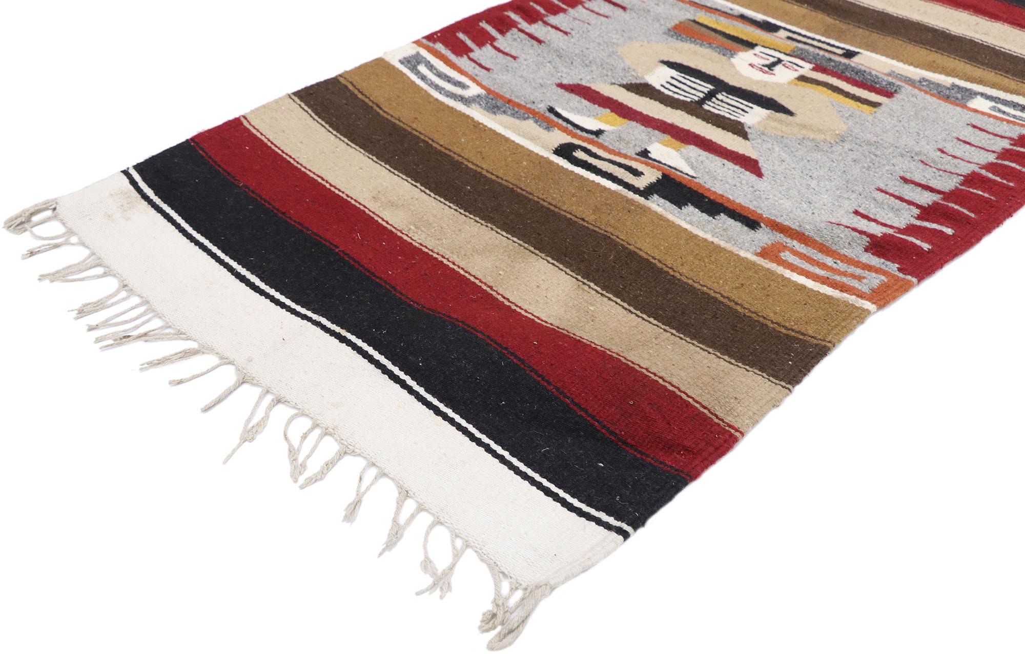 77849 Vintage Mexican blanket with Mayan Aztec Figure, 02'06 x 04'09. With its expressive design, incredible detail and texture, this handwoven wool vintage Mexican blanket is a captivating vision of woven beauty. The abrashed field features a Mayan