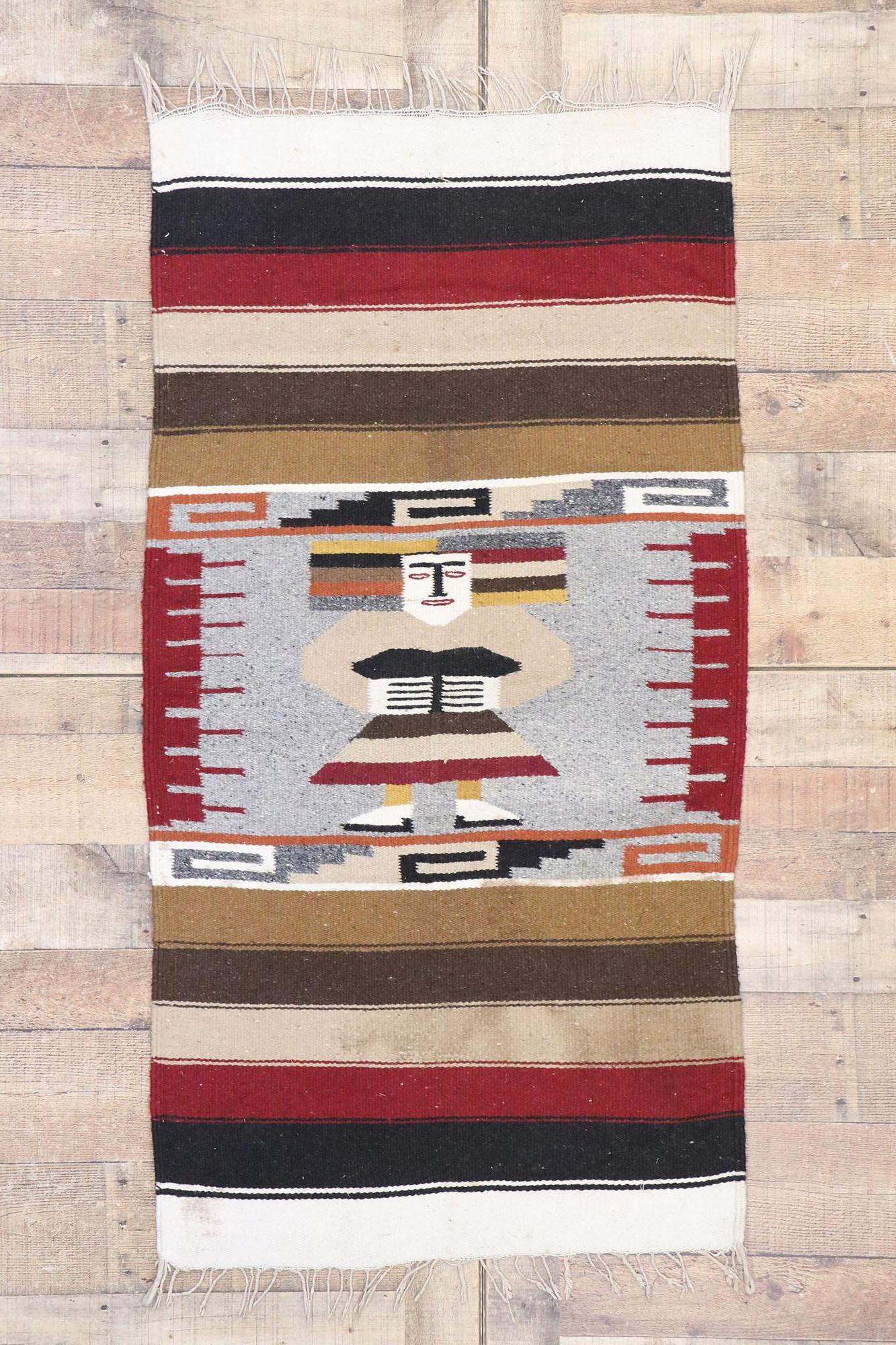 Hand-Woven Vintage Mexican Blanket with Aztec Figure, Throw Rug For Sale