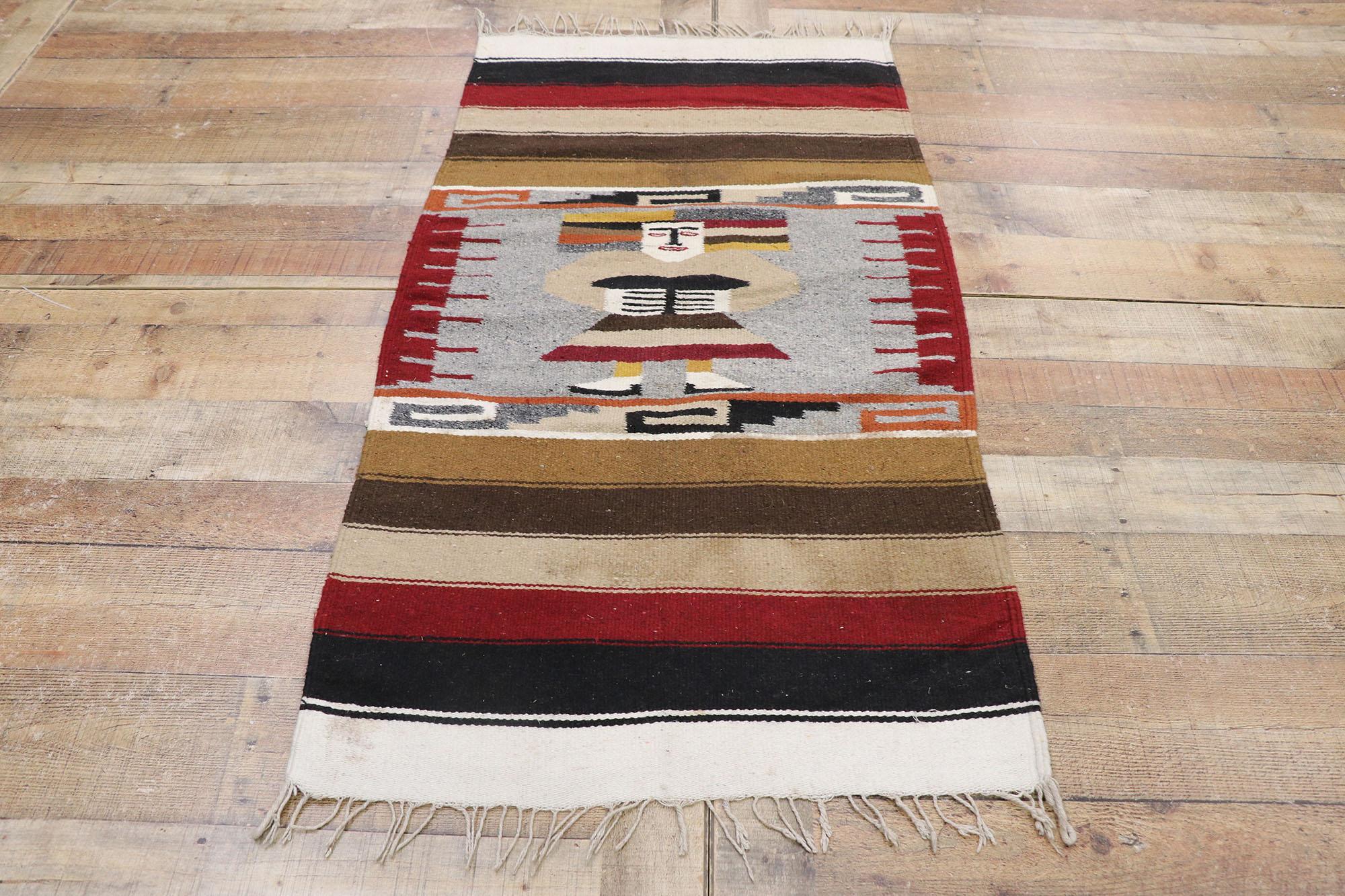 Hand-Woven 1970's Mexican Blanket Carpet with Aztec Figure, Zapotec Rug For Sale