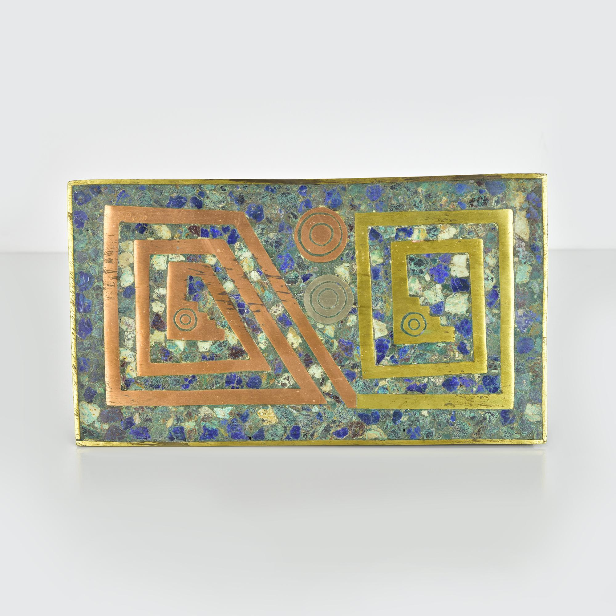 Mid-Century moderno Scatola messicana d'epoca con mosaico di pietre, rame, argento e ottone, Taxco in vendita